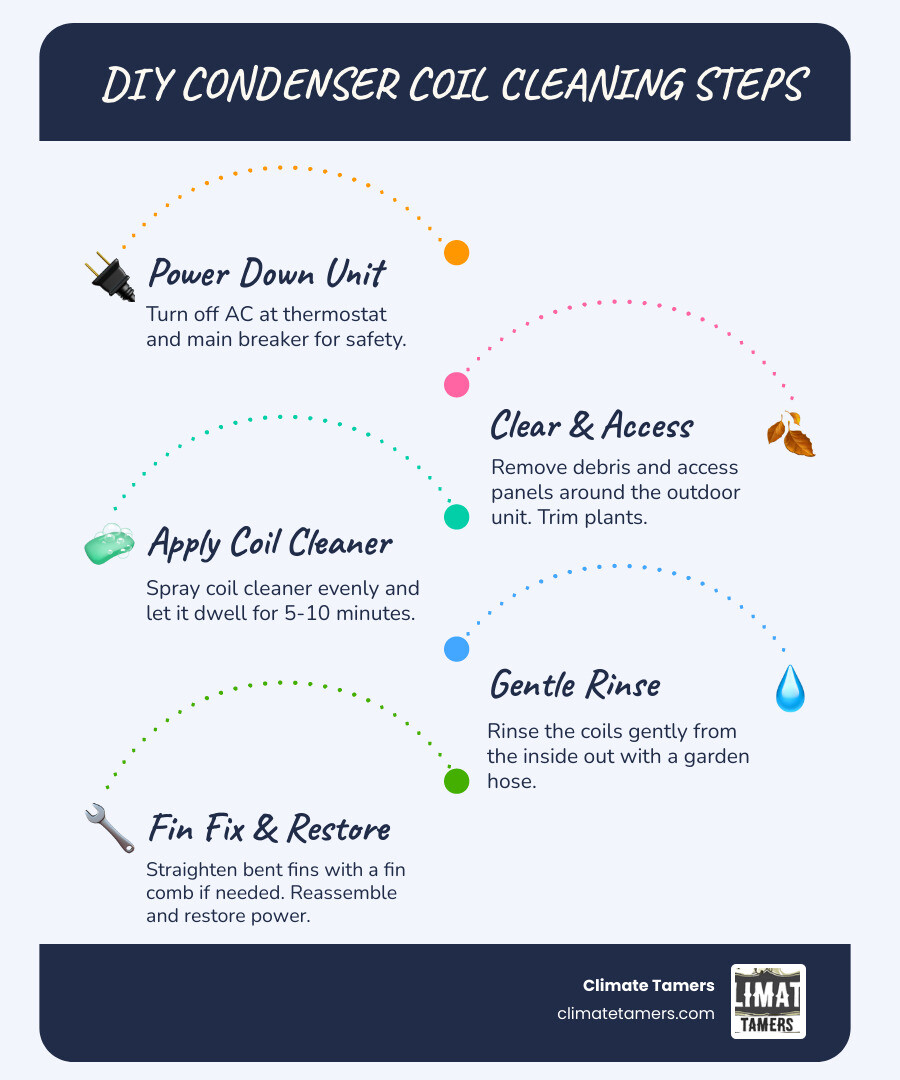Step-by-step condenser coil cleaning process showing power shutdown, debris removal, cleaner application, rinsing technique, and fin straightening with safety precautions highlighted - Condenser coil cleaning infographic infographic-line-5-steps-blues-accent_colors