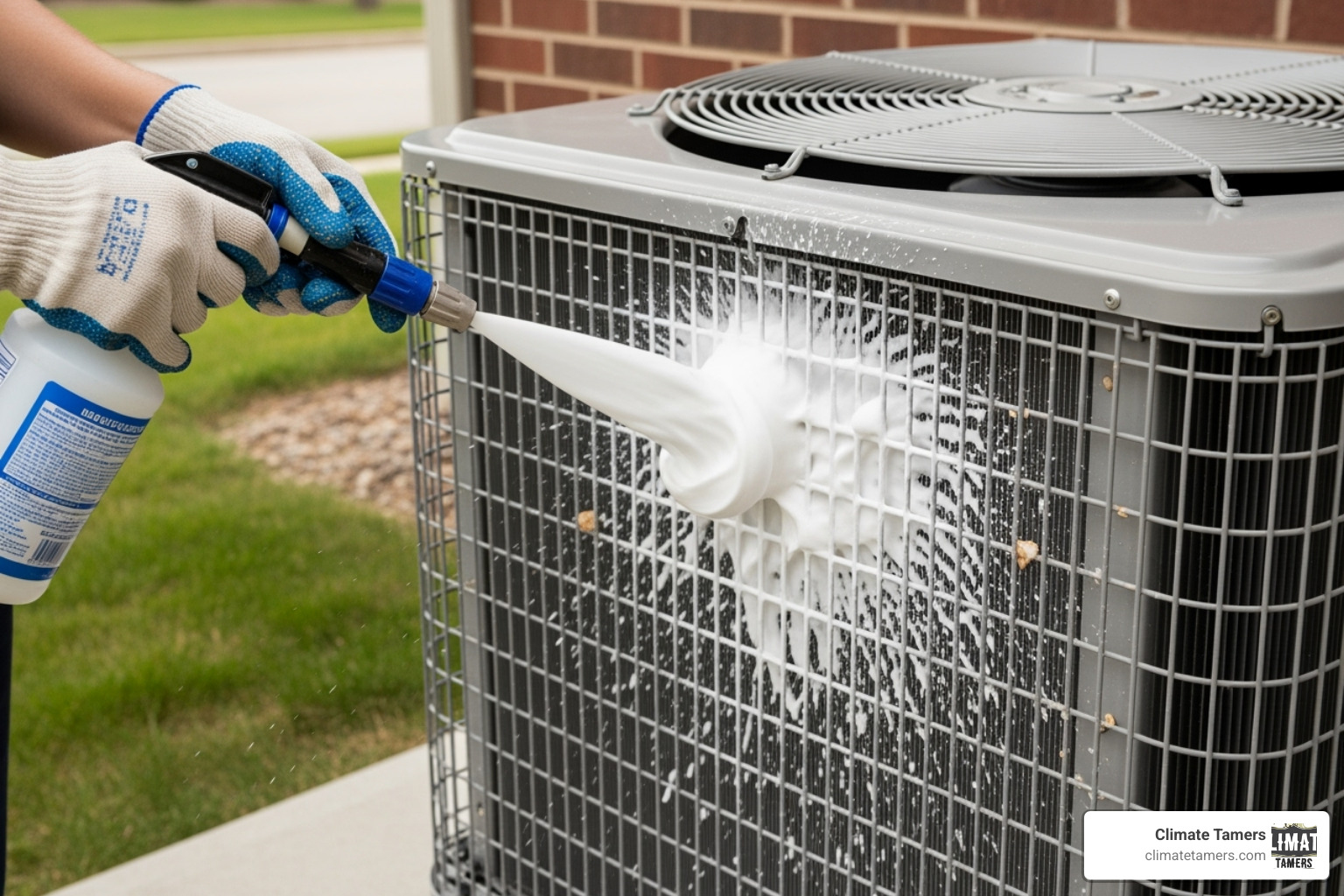 Spraying foaming coil cleaner onto AC condenser fins - Condenser coil cleaning