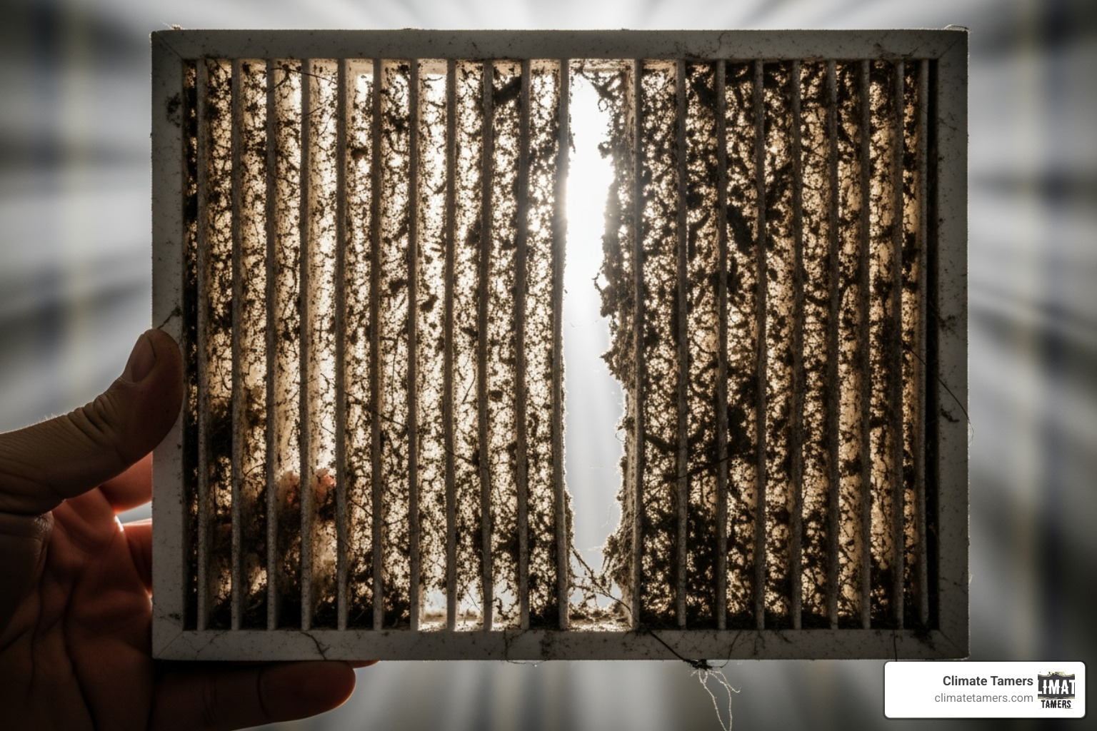 a dusty, clogged air filter being held up to the light - Air conditioner tune-up