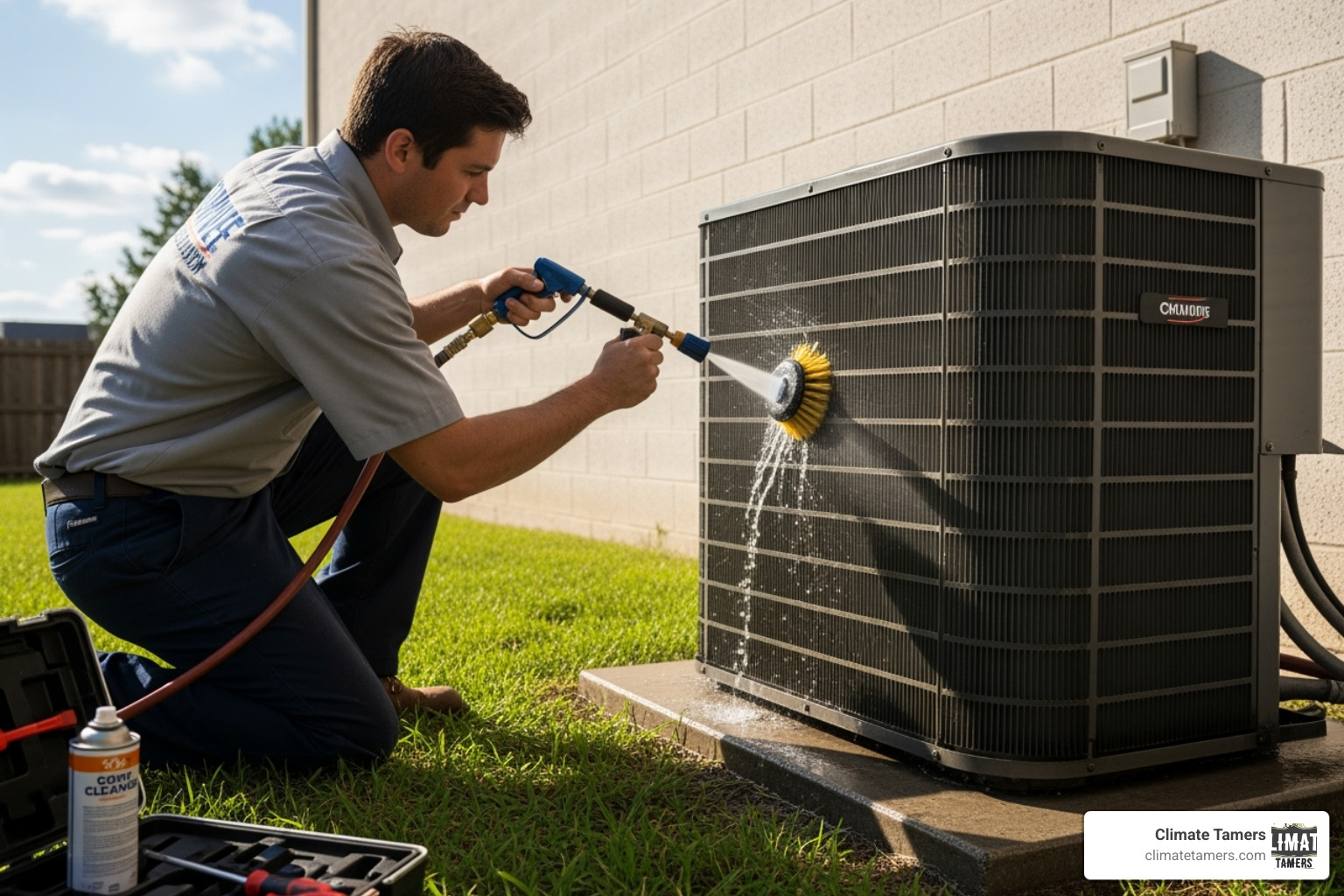 a technician cleaning an outdoor AC condenser unit - Air conditioner tune-up