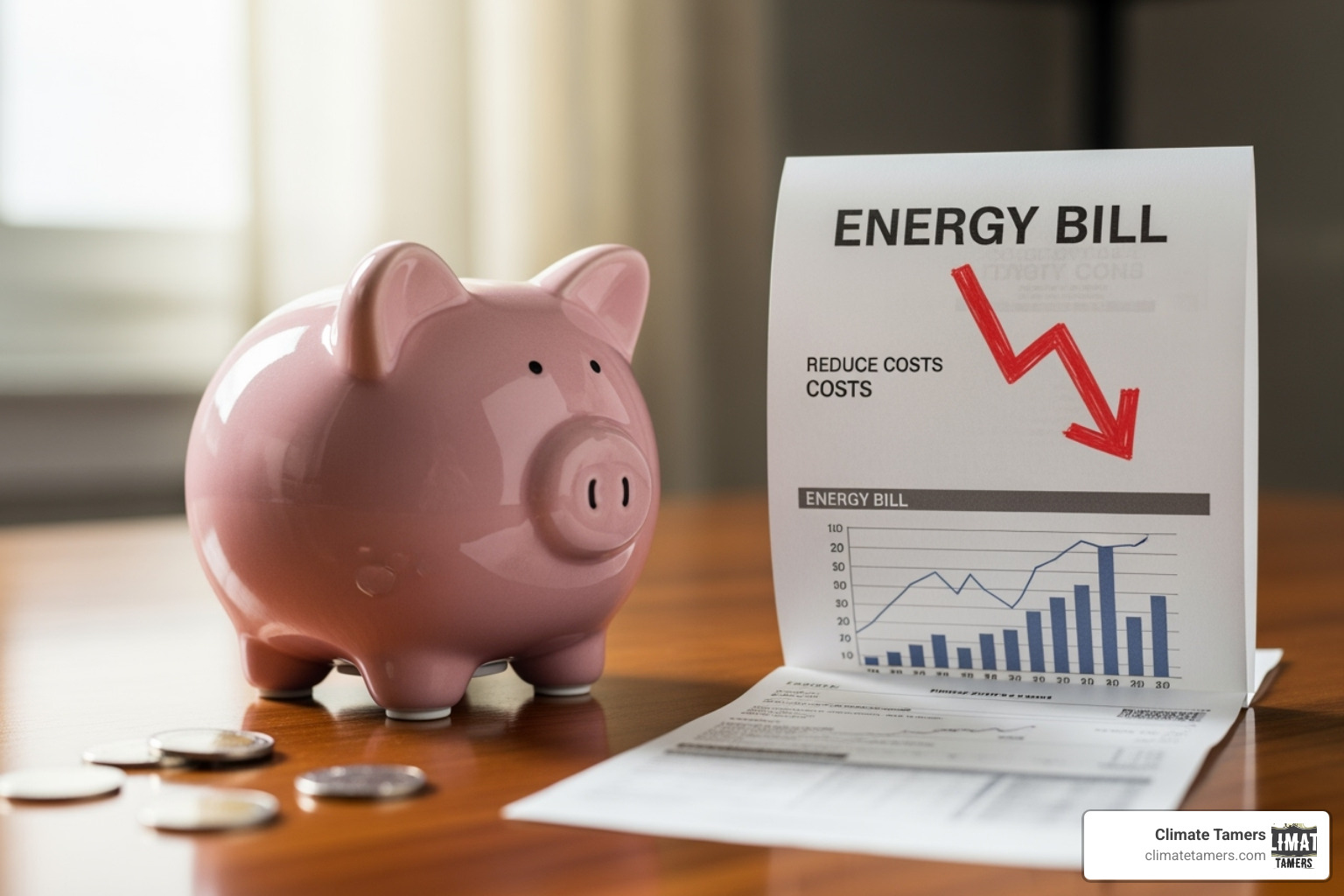 a piggy bank next to an energy bill with a downward arrow - Air conditioner tune-up