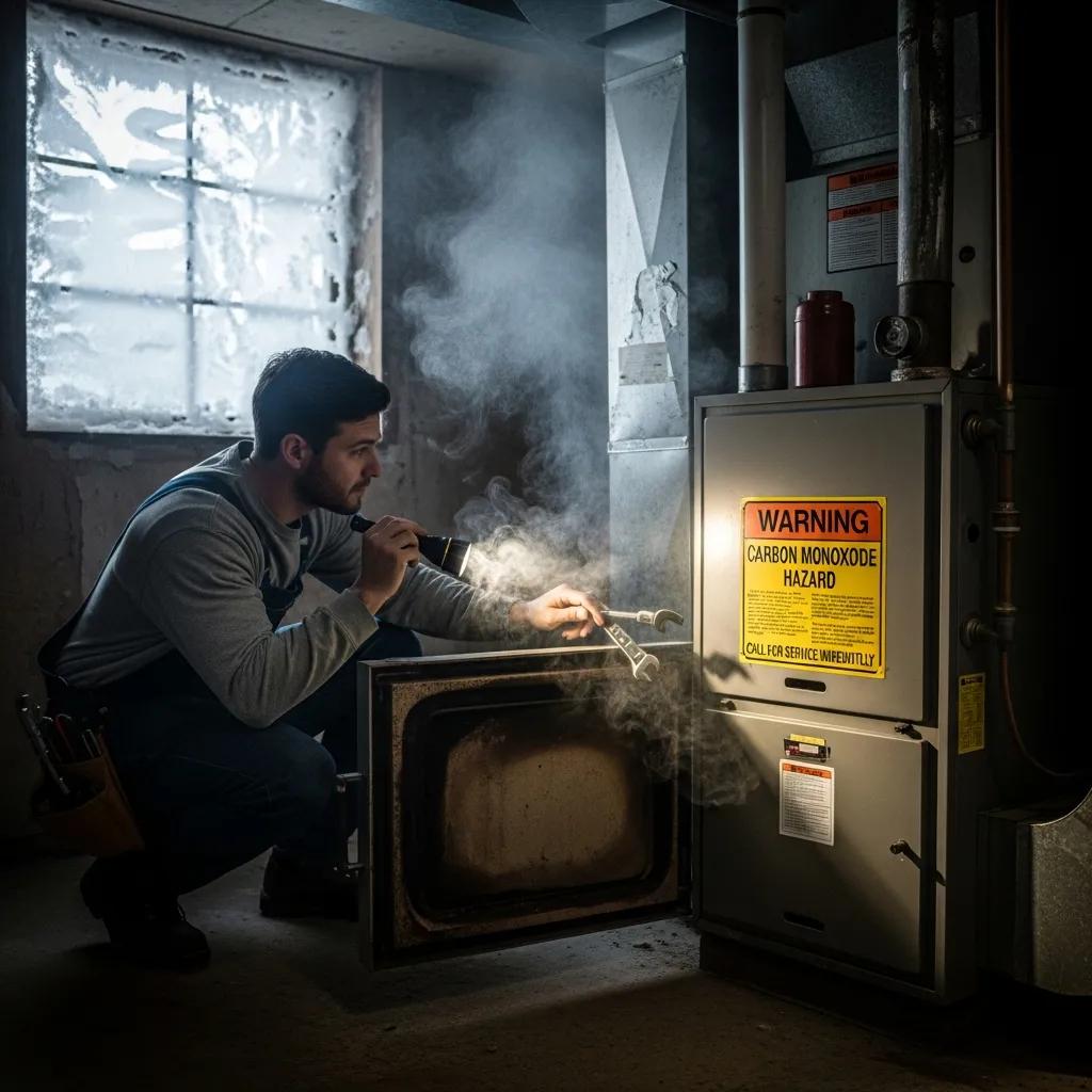 A technician examining a furnace, illustrating heating emergency checks in a cold home