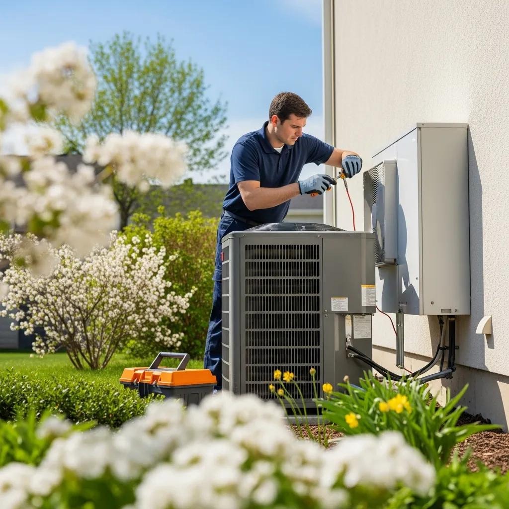 Technician performing HVAC maintenance in spring, surrounded by flowers and greenery
