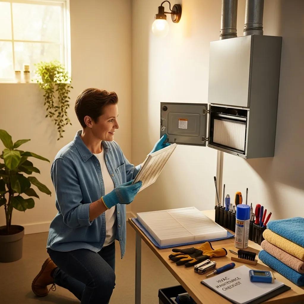 Homeowner checking air filter of HVAC system, emphasizing maintenance importance