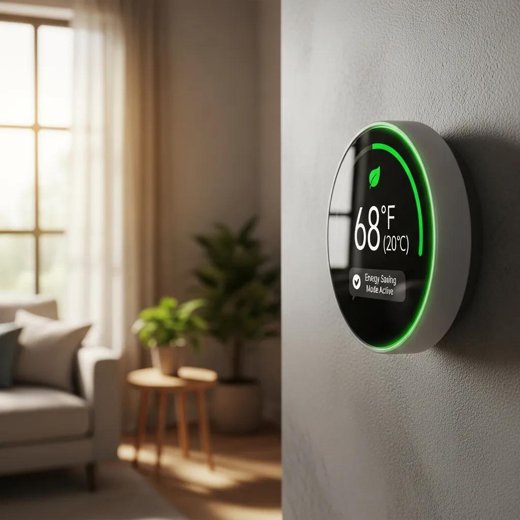 Modern smart thermostat in a cozy living room, representing energy-saving strategies