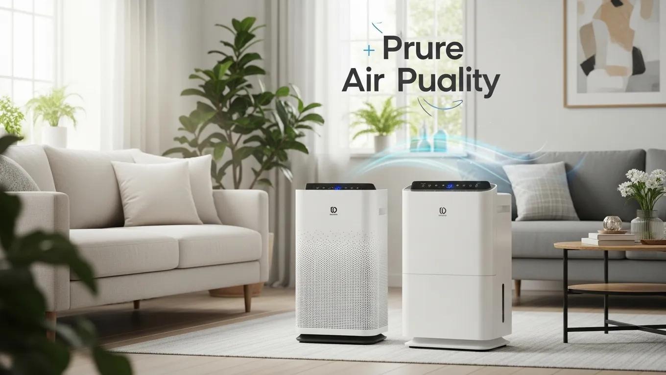 Air purifier and dehumidifier in a bright living room, enhancing indoor air quality