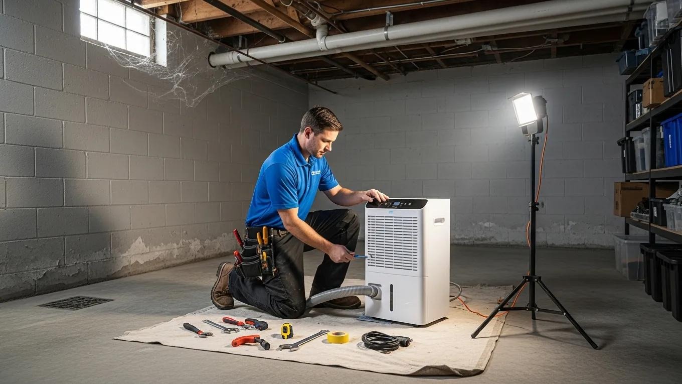 Technician installing a dehumidifier in a residential basement, illustrating installation processes