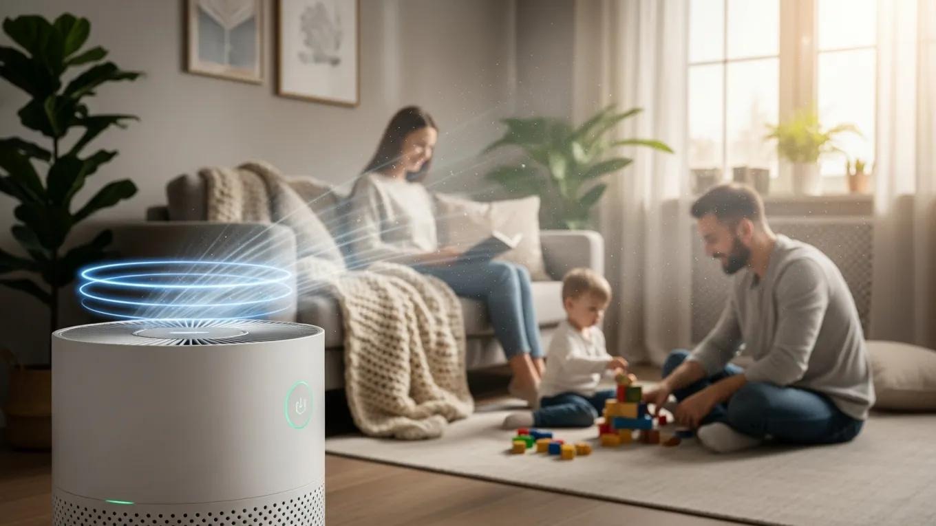 Air purifier emitting clean air in a cozy home, showcasing health benefits