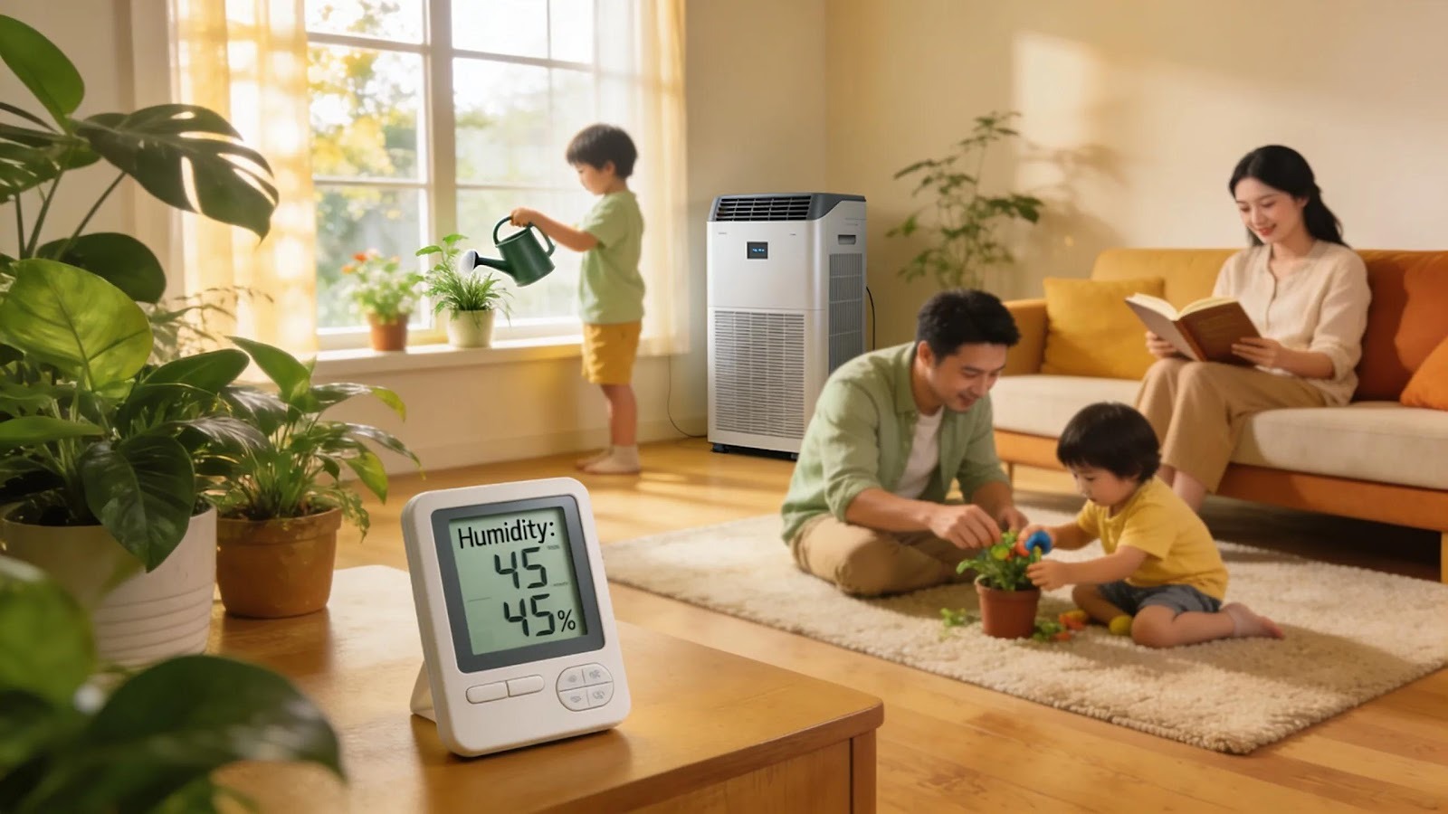 Families enjoying a healthy living space with visible signs of good air quality and humidity control