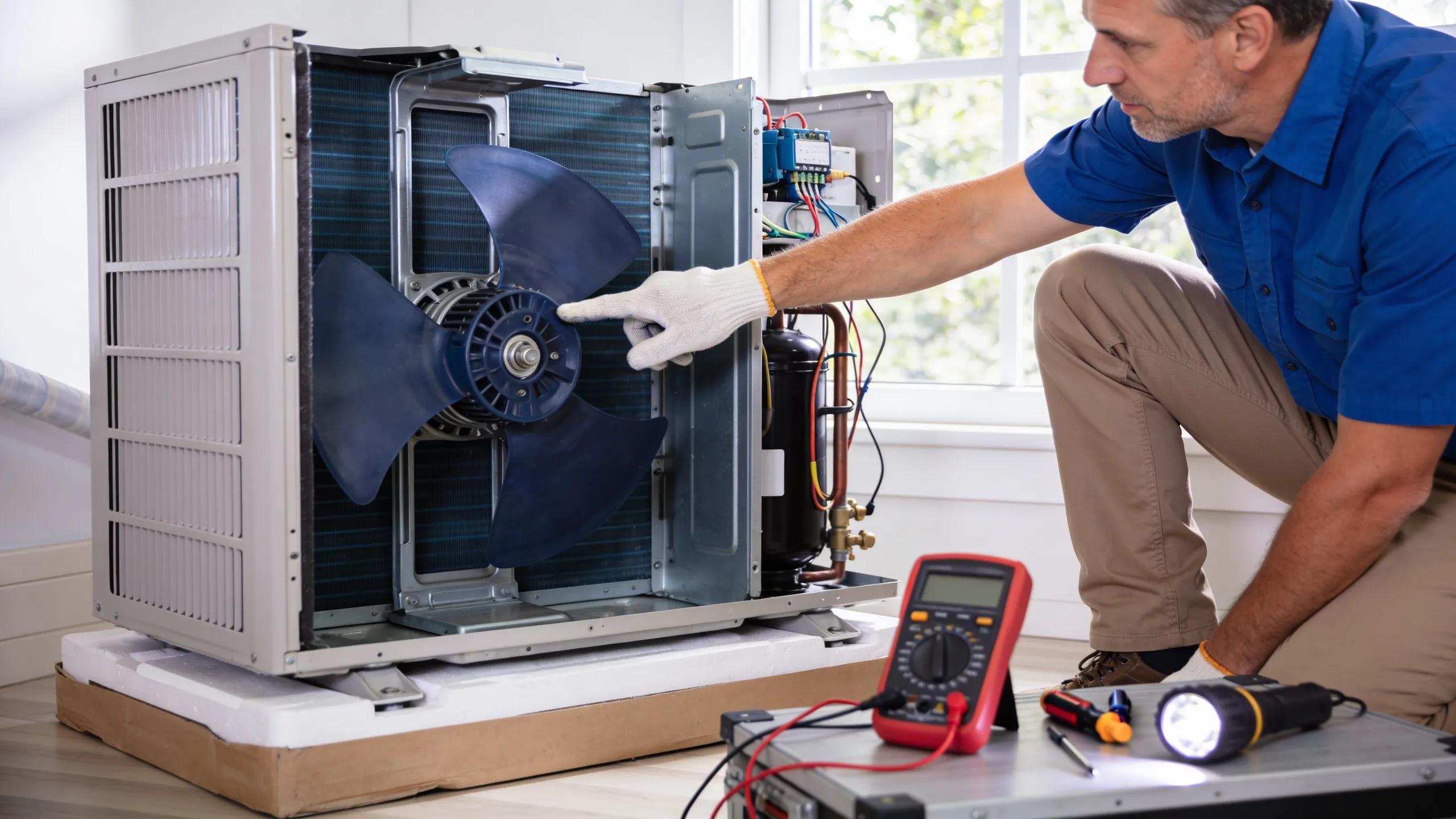 Homeowner inspecting HVAC components for troubleshooting noises