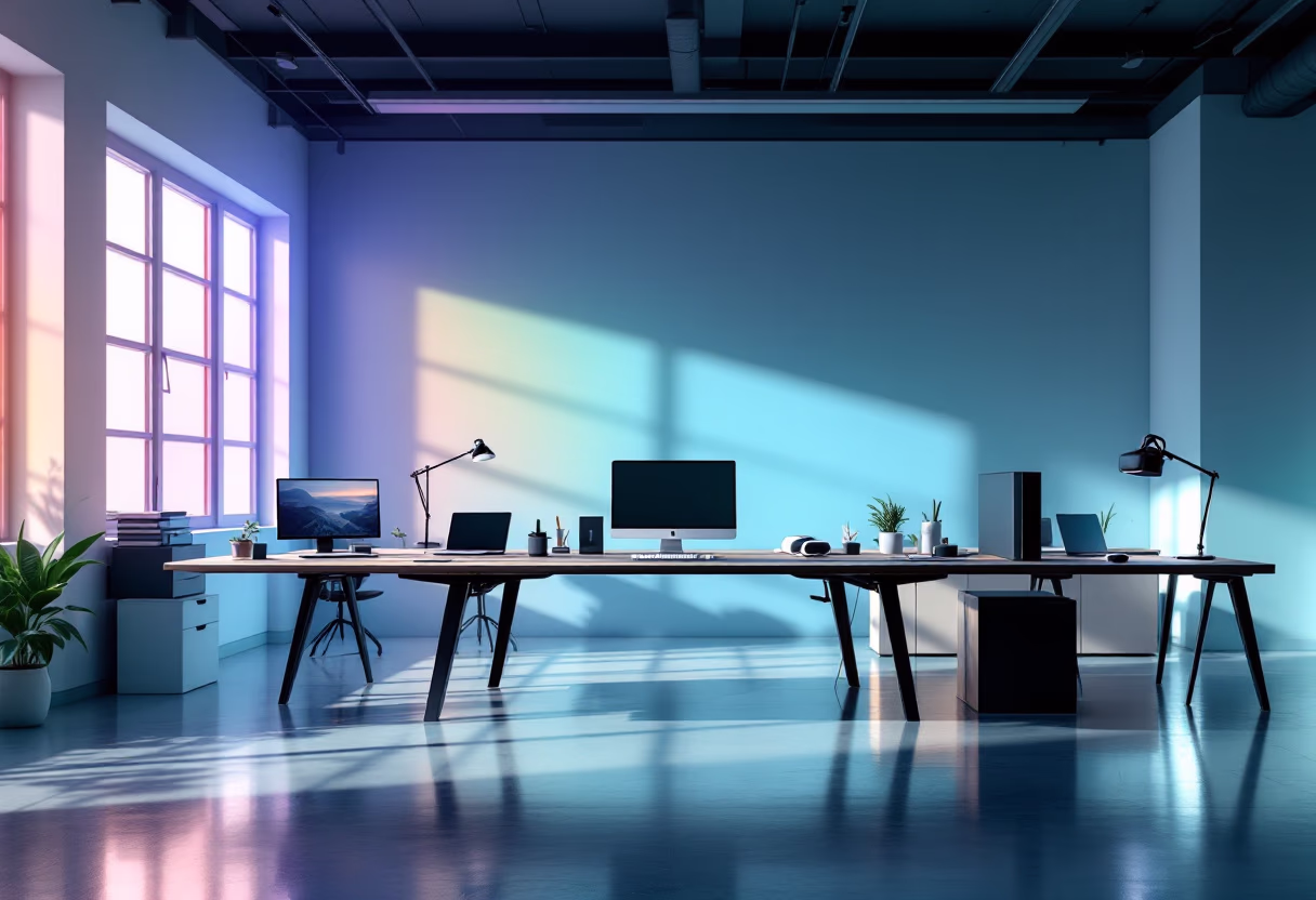 [background image] image of open workspace with advanced tech equipment (for an ai education tech company)