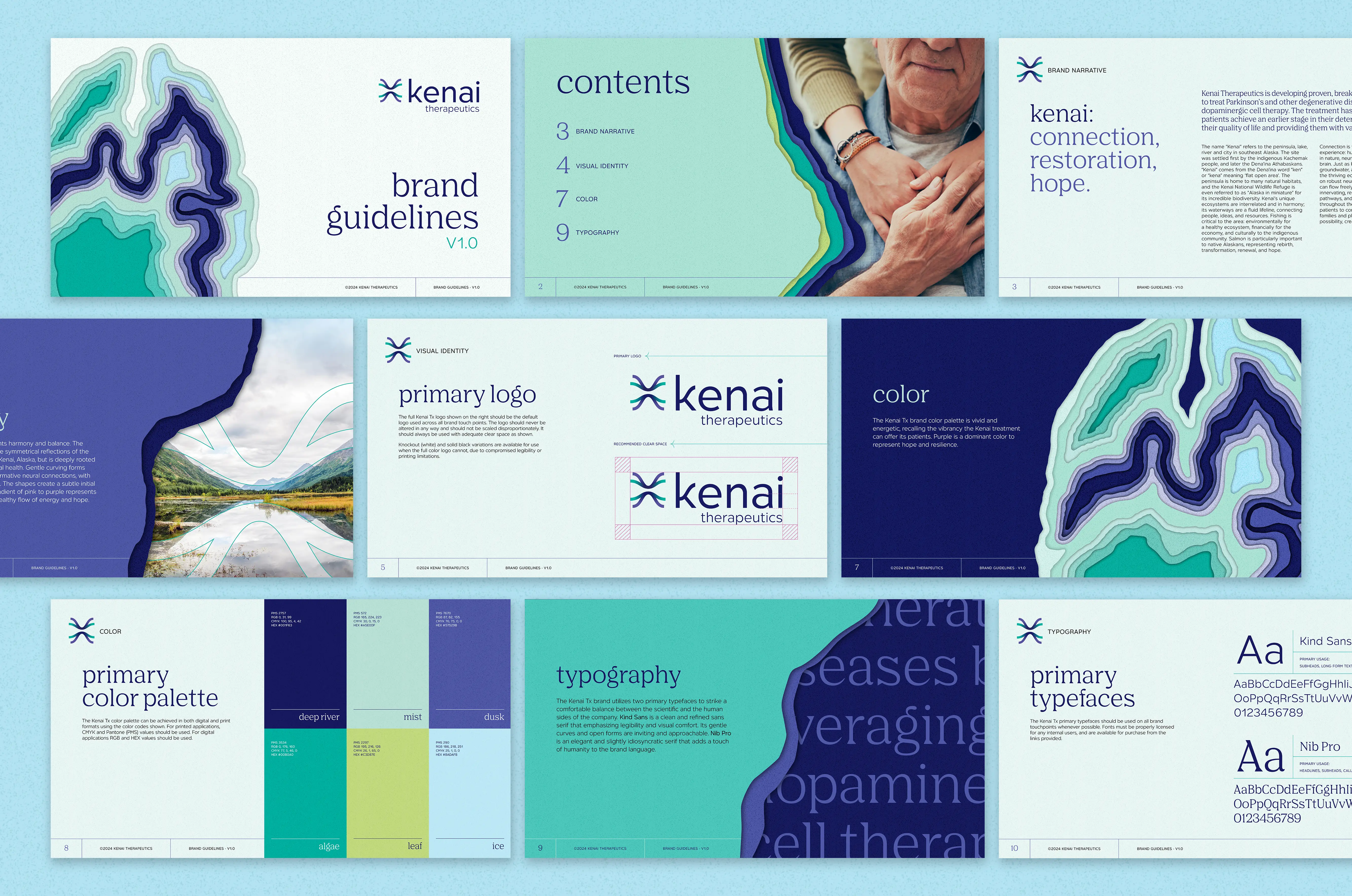 Pages from Kenai Therapeutics' Brand Guidelines outlining core brand principles like narrative, logo usage, color and typography.