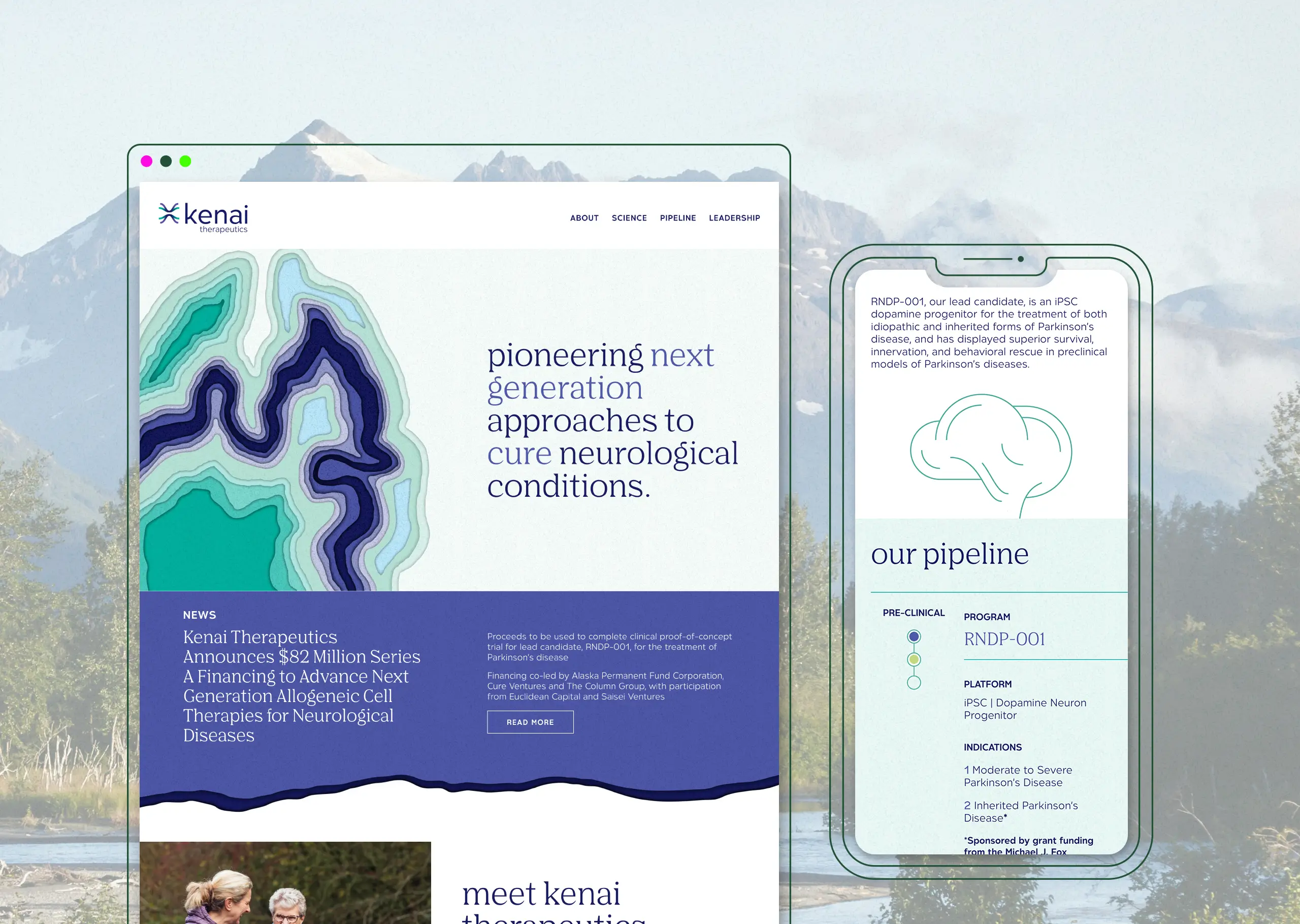 Screenshots of Kenai Therapeutics desktop and mobile website overlayed on top of an image of mountains in Kenai, Alaska.