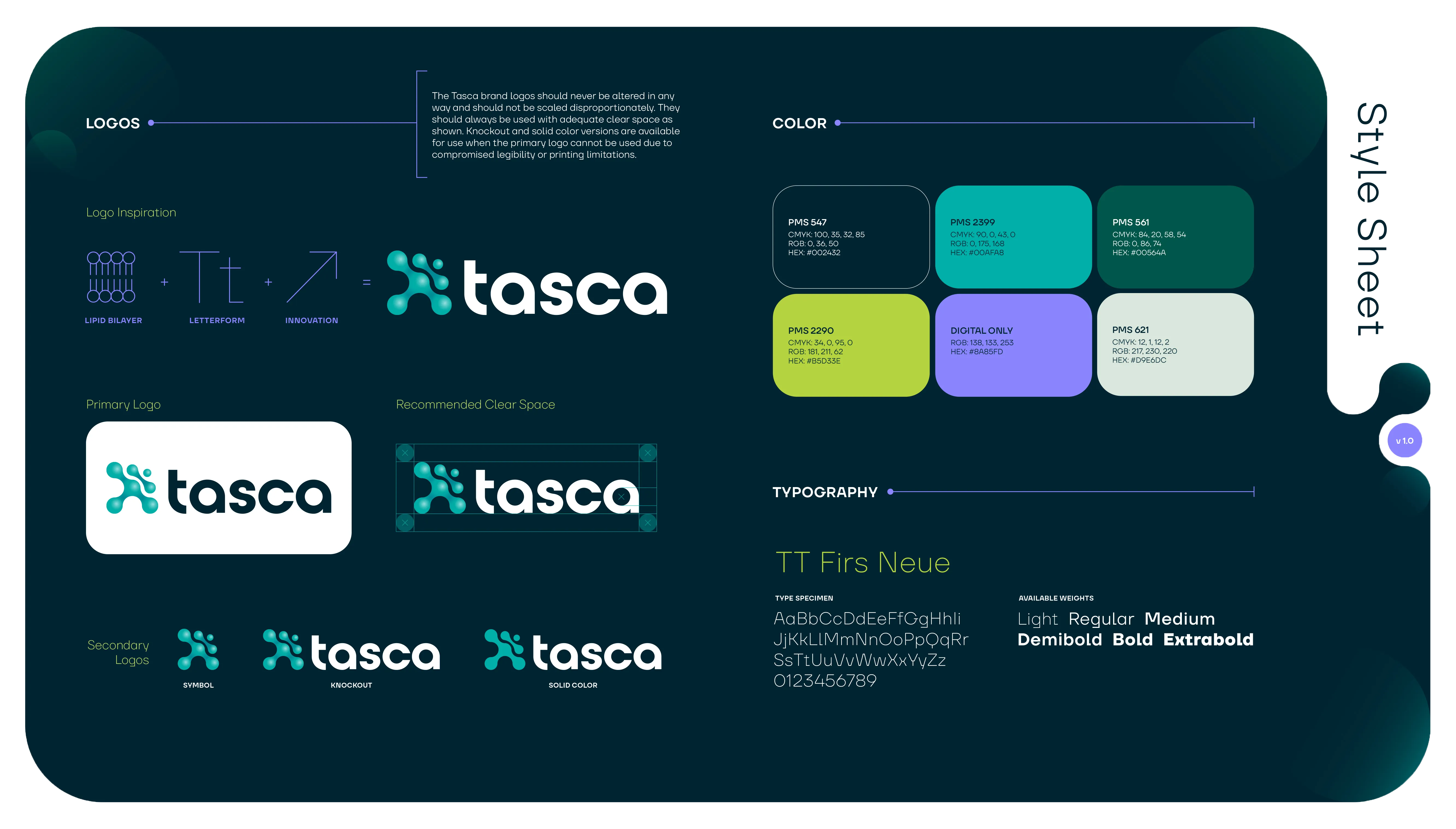 Tasca's style sheet outlining brand guidelines including logo usage, color palette and typography.