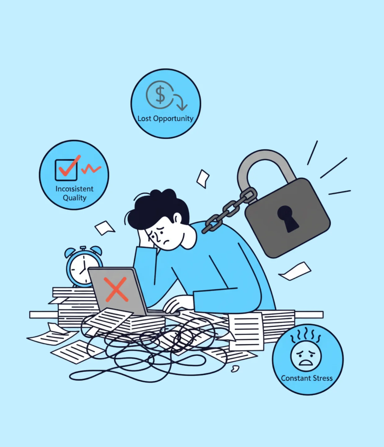Stressed worker facing lost opportunities, inconsistent quality, and constant stress before Scale My Marketing.