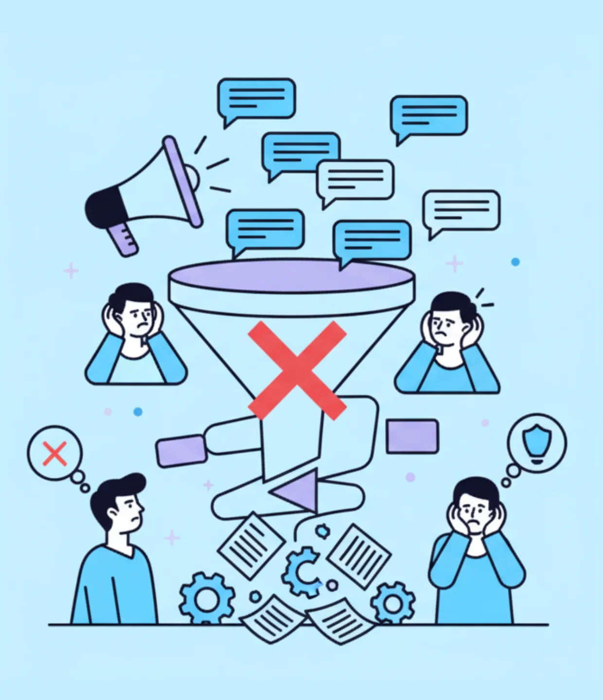 Scale My Marketing visual of a broken funnel showing poor communication and lead loss.