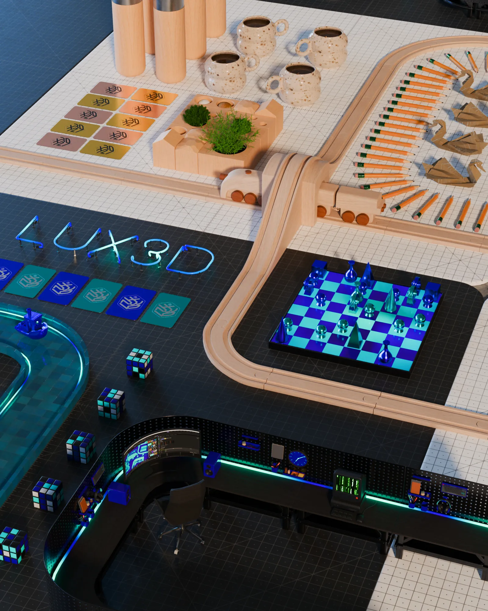 A creative layout on a grid background featuring a wooden train track with a train, a blue and black chessboard with glass-like pieces, origami swans surrounded by pencils, potted plants in a wooden holder, speckled ceramic mugs, stacks of blue and green cards, neon text reading 'LUX3D', Rubik's cubes, and a modern curved black workspace with multiple computer monitors and blue-green lighting.