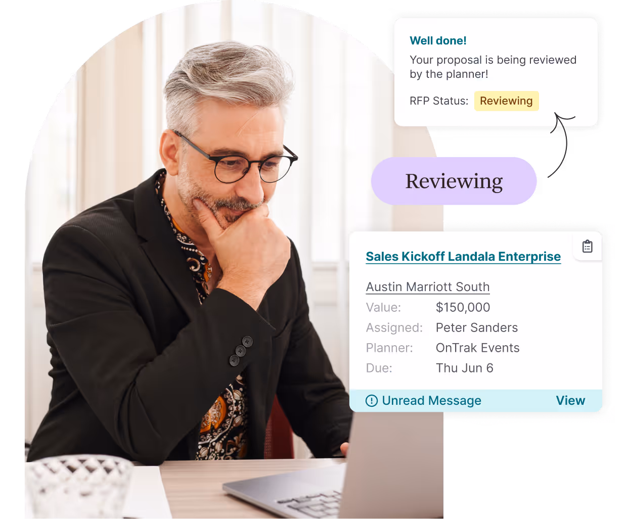 Man with gray hair and glasses thoughtfully looking at a laptop screen with proposal review notifications overlay.