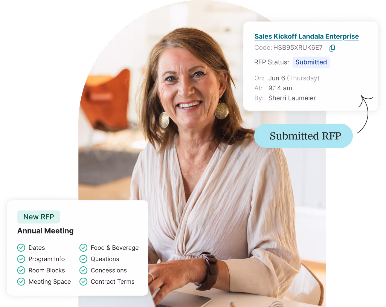Smiling woman sitting at a desk using a laptop, with overlays showing details of a submitted RFP and a new annual meeting RFP checklist.