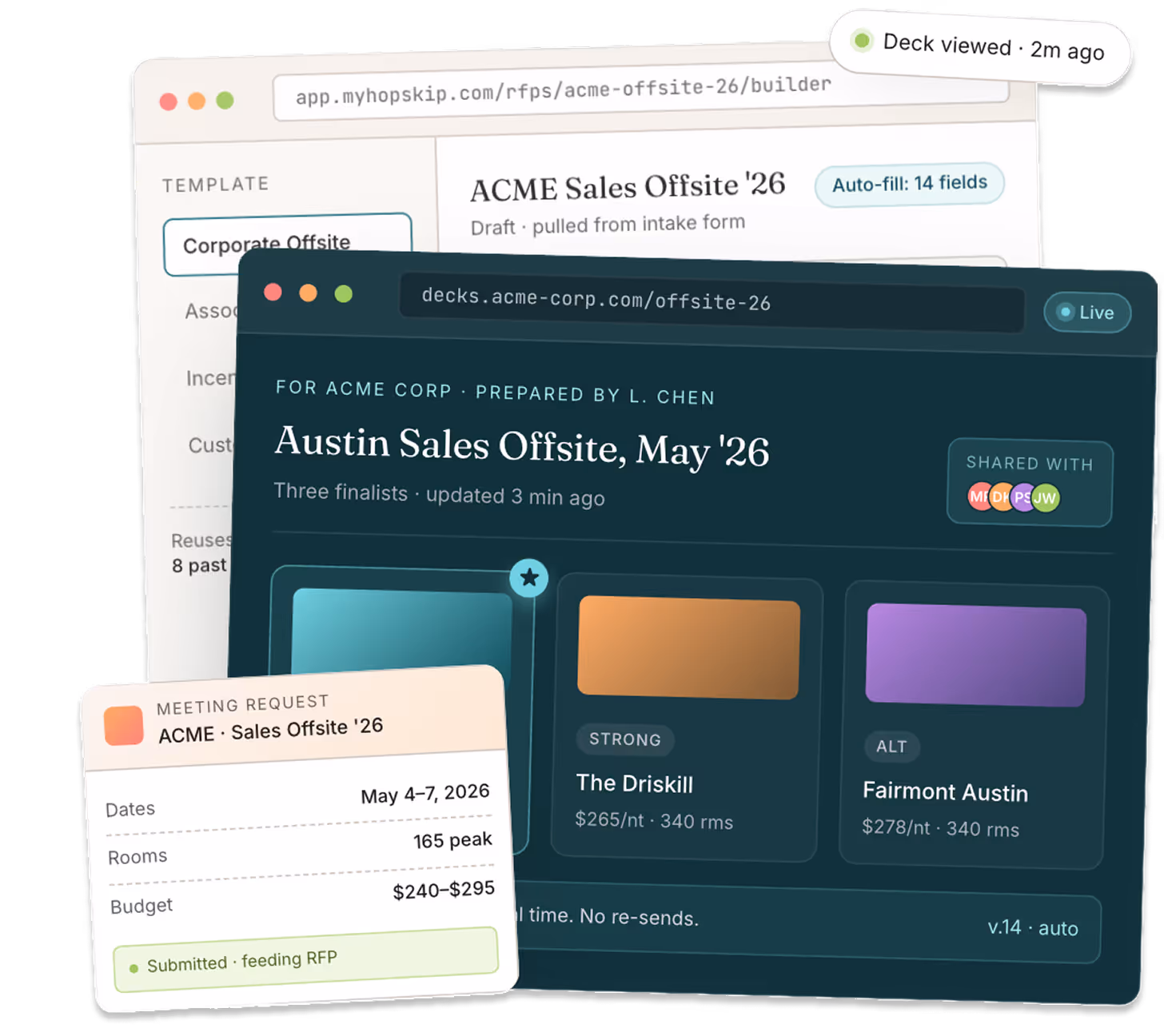 User interface showing ACME Sales Offsite 2026 planning with venue options, dates, rooms, budget, and sharing status.