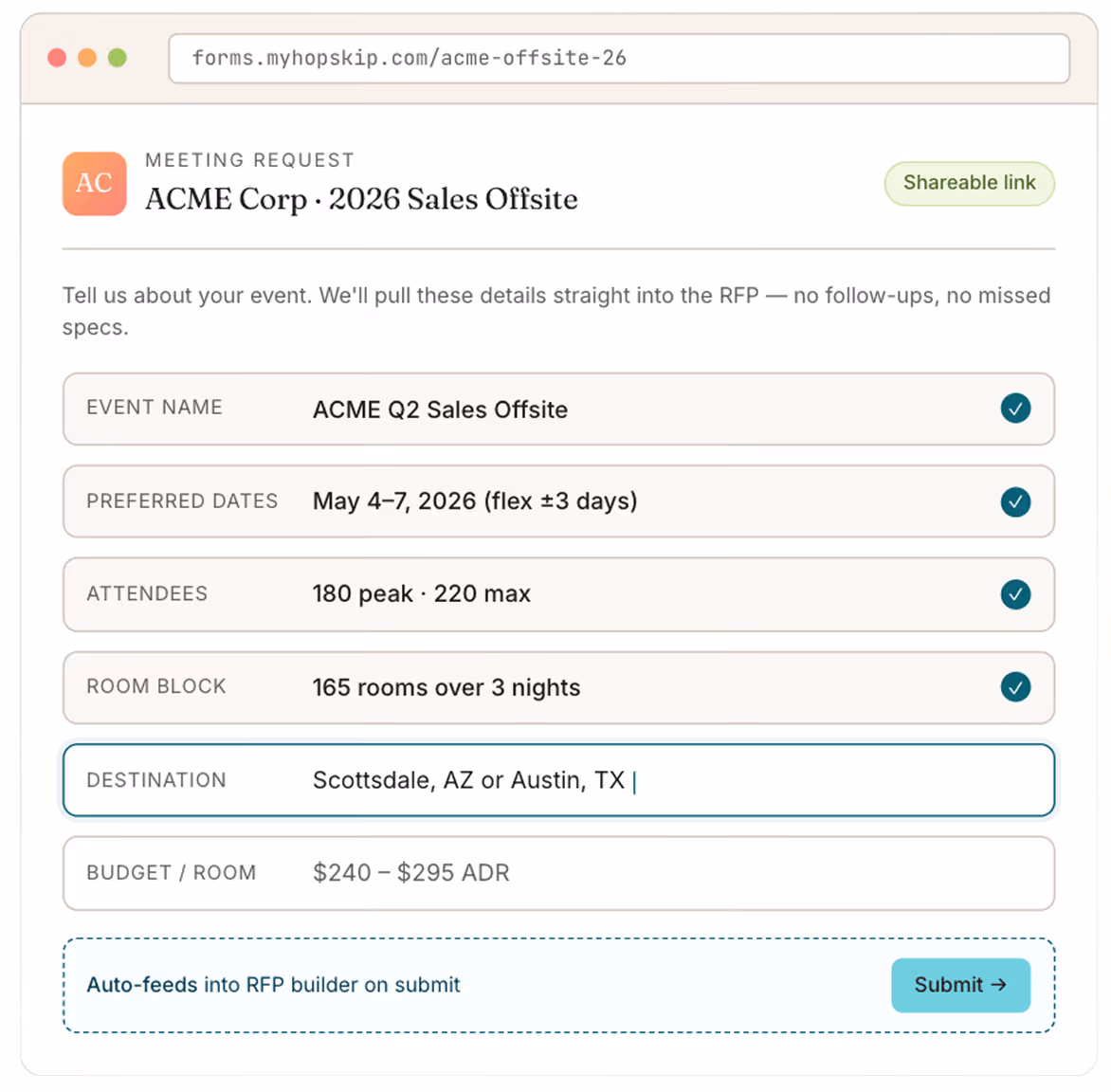 Online meeting request form for ACME Corp 2026 Sales Offsite with event details and a submit button.