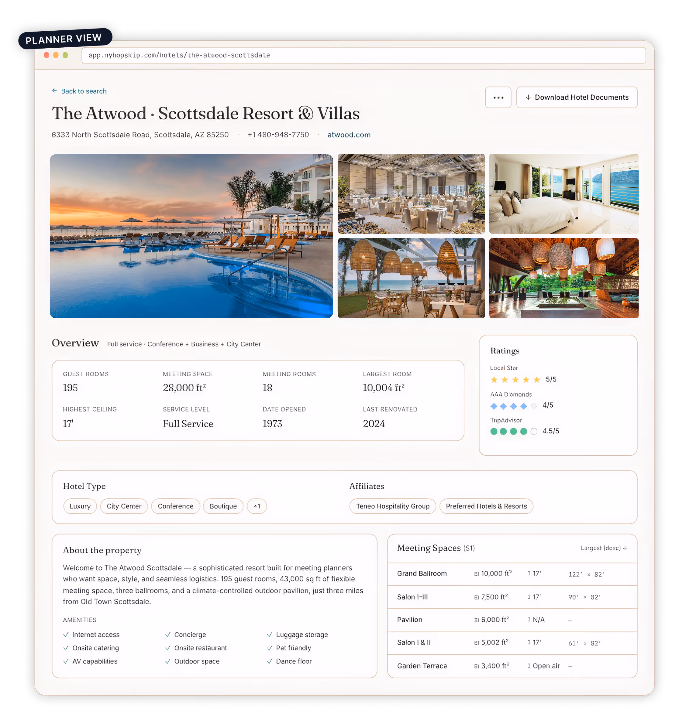 Planner view of The Atwood Scottsdale Resort & Villas details, including rooms, meeting spaces, amenities, and ratings.