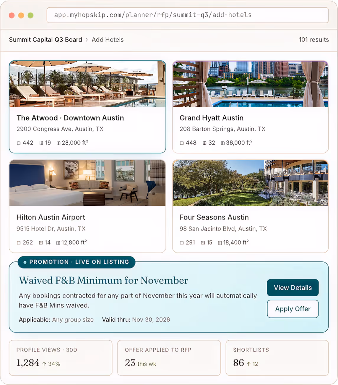 Comparison table of proposals showing Four Seasons, The Driskill, Fairmont, and Omni Barton with costs, savings, and scores.