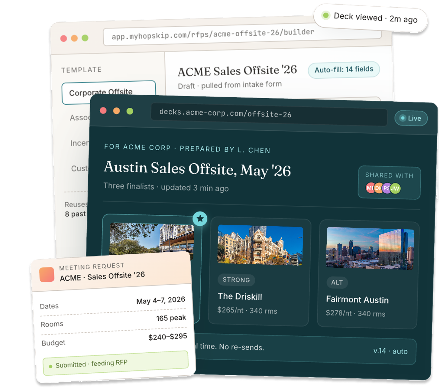 User interface showing ACME Sales Offsite 2026 planning with venue options, dates, rooms, budget, and sharing status.