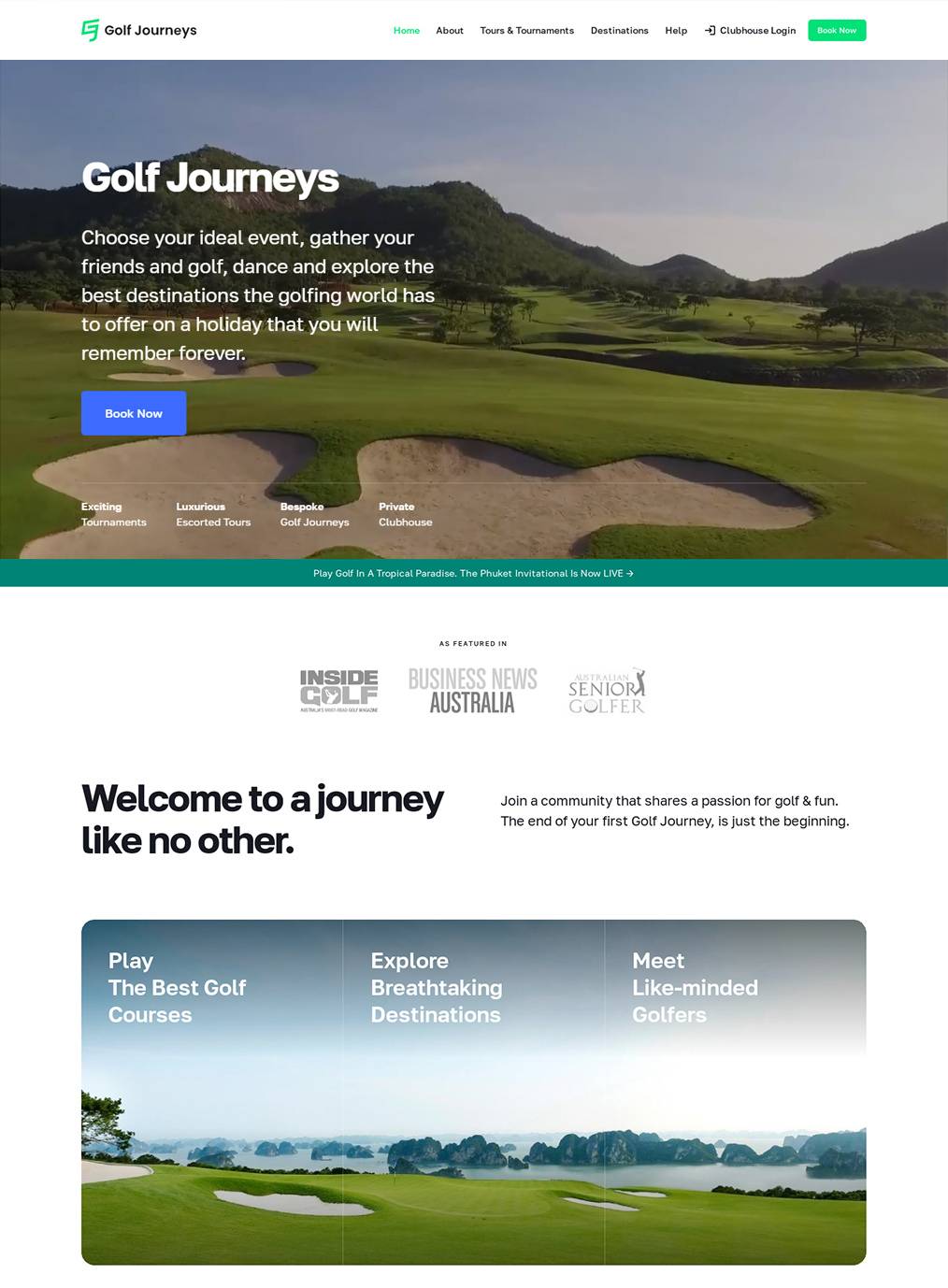 Golf Journeys website homepage with a golf course background, featuring menu options, a booking button, partner logos, and sections promoting golf tours and community.