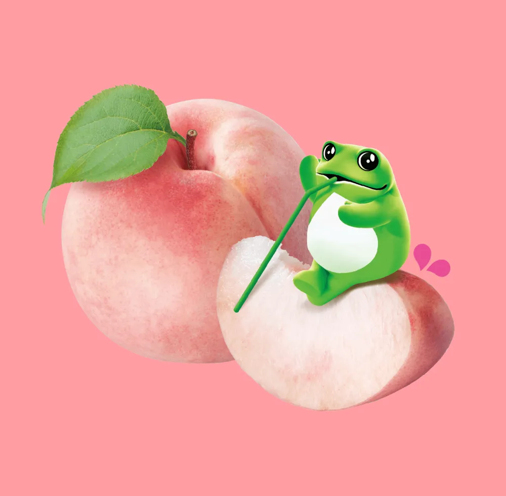Cartoon frog sipping juice from a peach