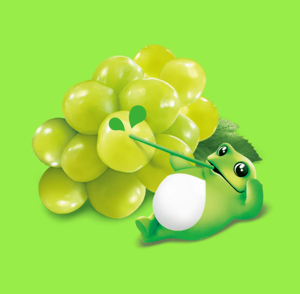 Cartoon frog drinking juice from green grapes