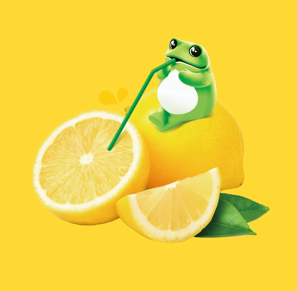 Cartoon frog sipping juice from a lemon