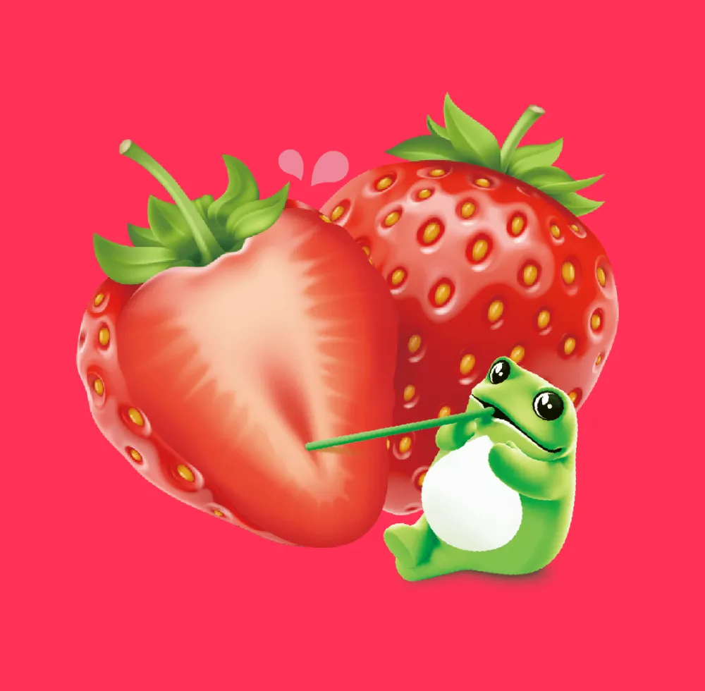 Cartoon frog sipping juice from a strawberry