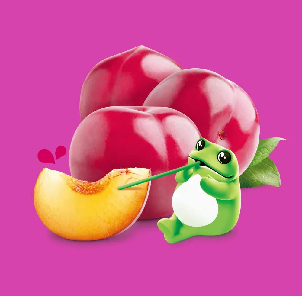 Cartoon frog sipping juice from a plum