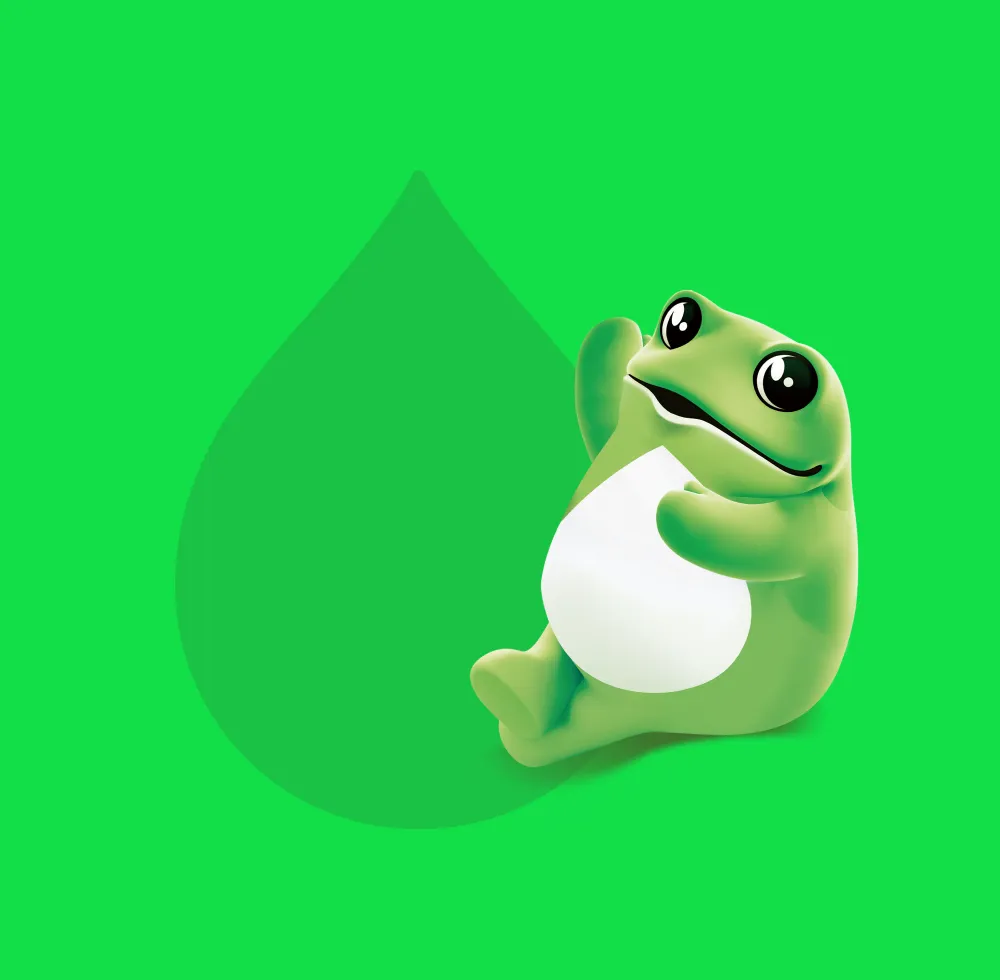 Green cartoon frog relaxing on bright green background
