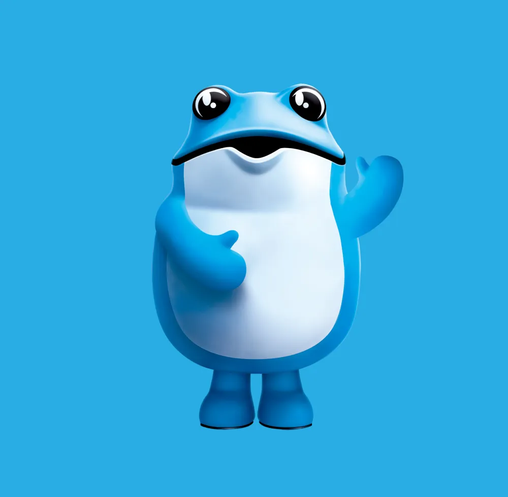 Blue cartoon frog character waving