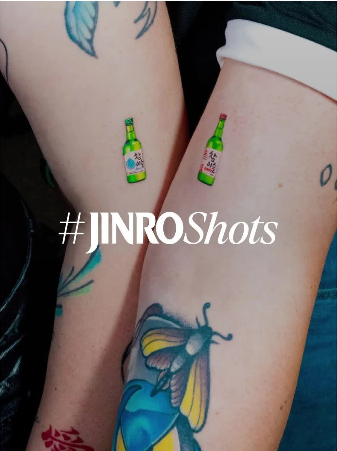 Mini soju bottle tattoos on arms with #JINROShots text