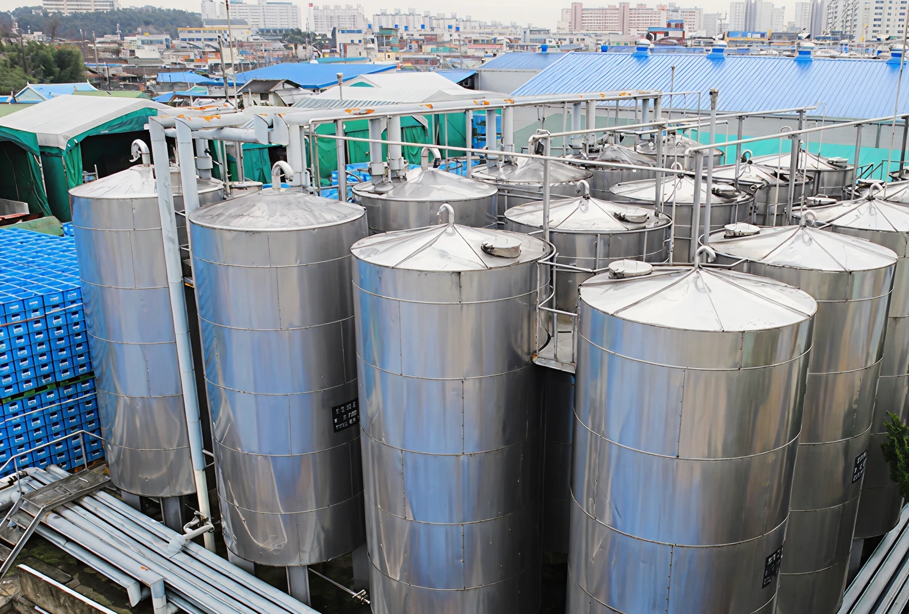 Stainless steel storage tanks at factory