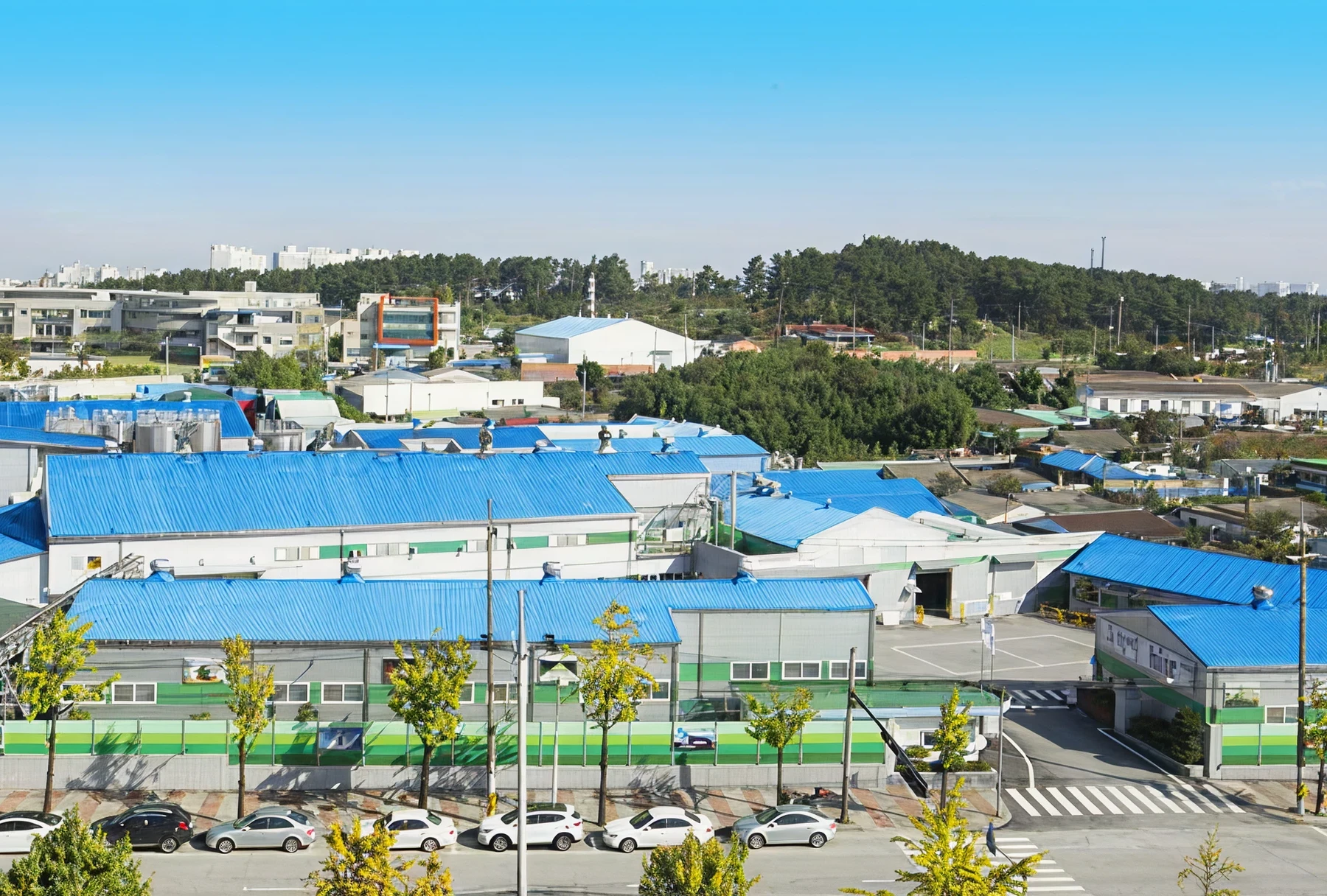 Industrial buildings with blue roofs