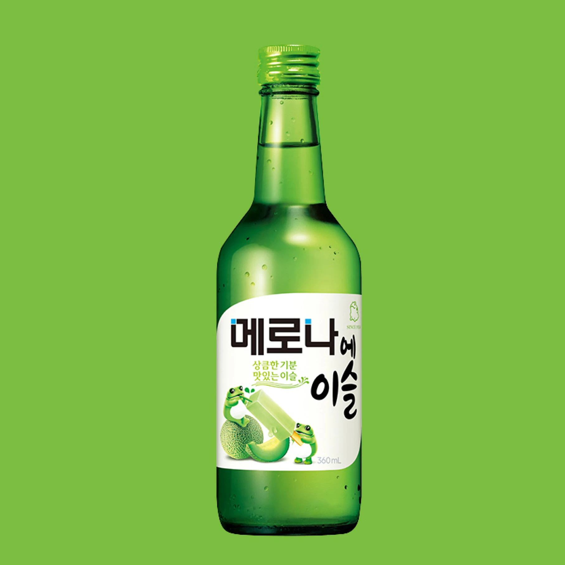 Melon-flavored Jinro soju bottle on green background.