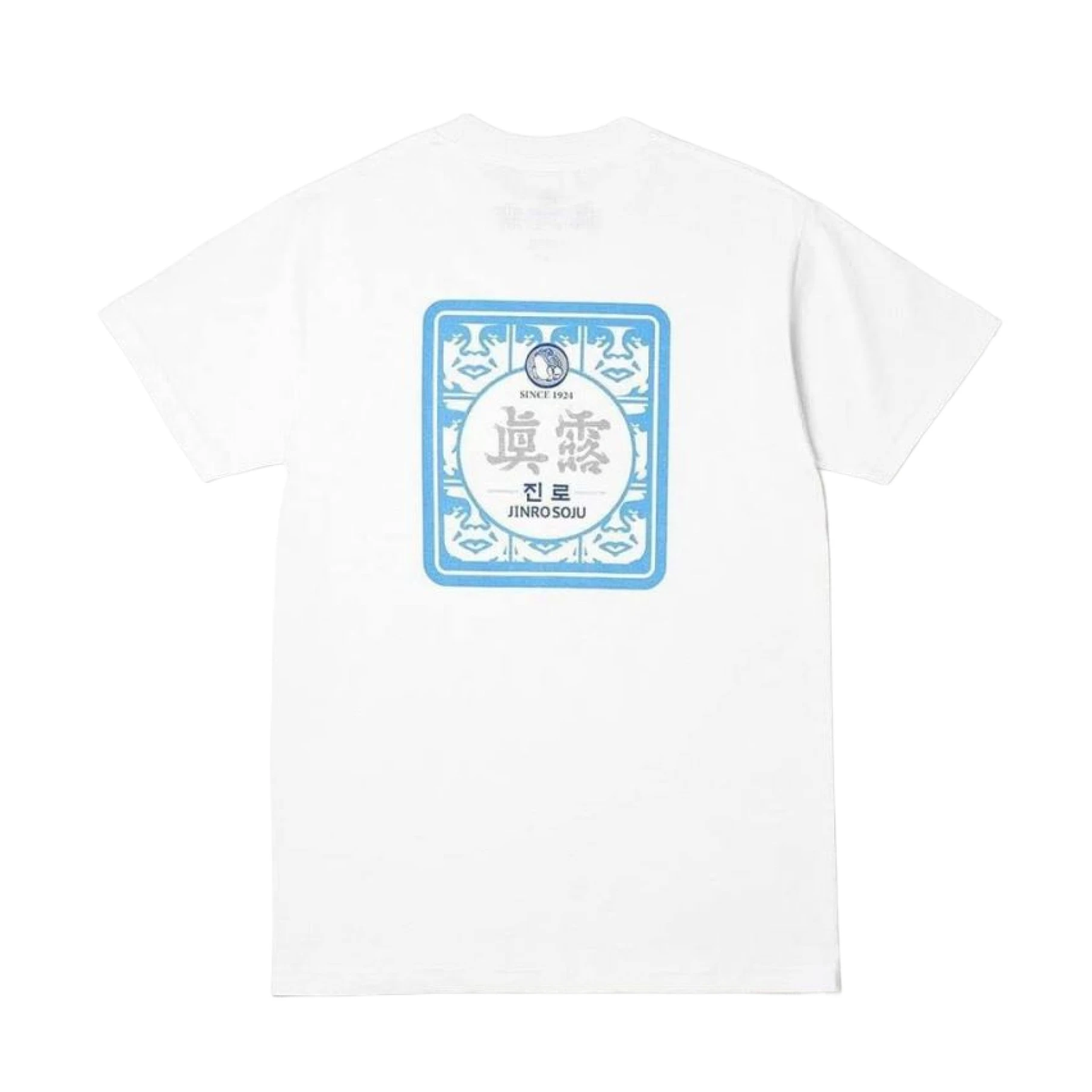 White T-shirt with blue Jinro Soju label design on the back.