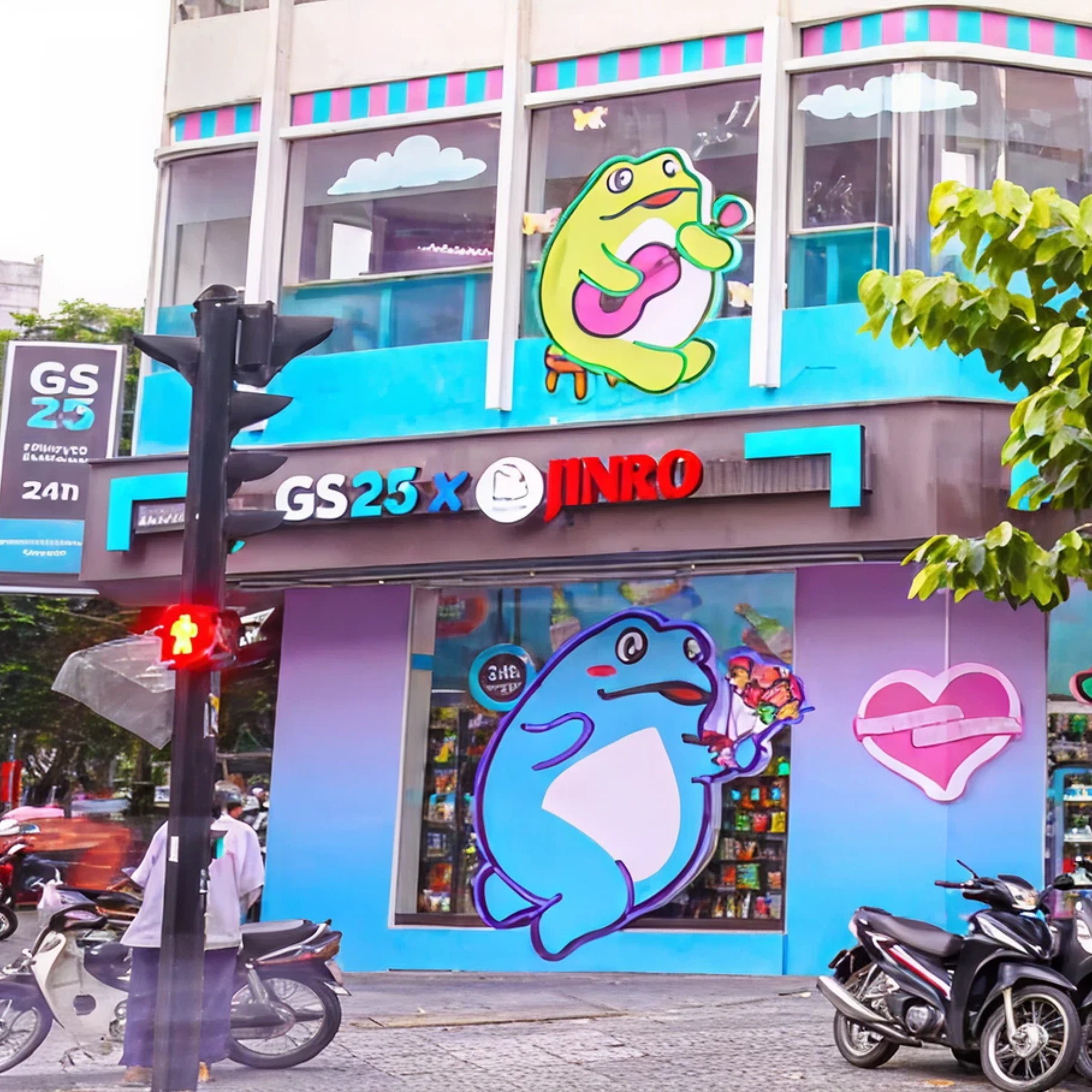 GS25 x Jinro themed store exterior with frog mascots