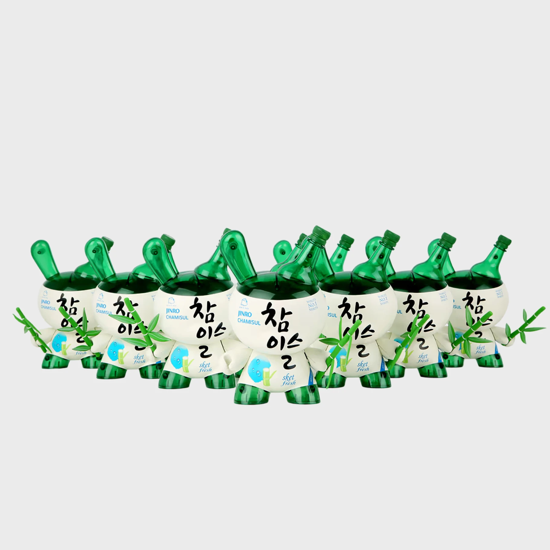 Creative Chamisul soju bottle figures in a row