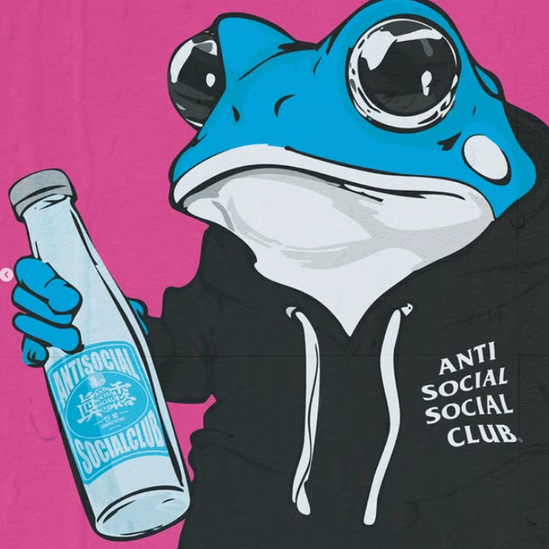 Blue frog in hoodie holding soju bottle illustration