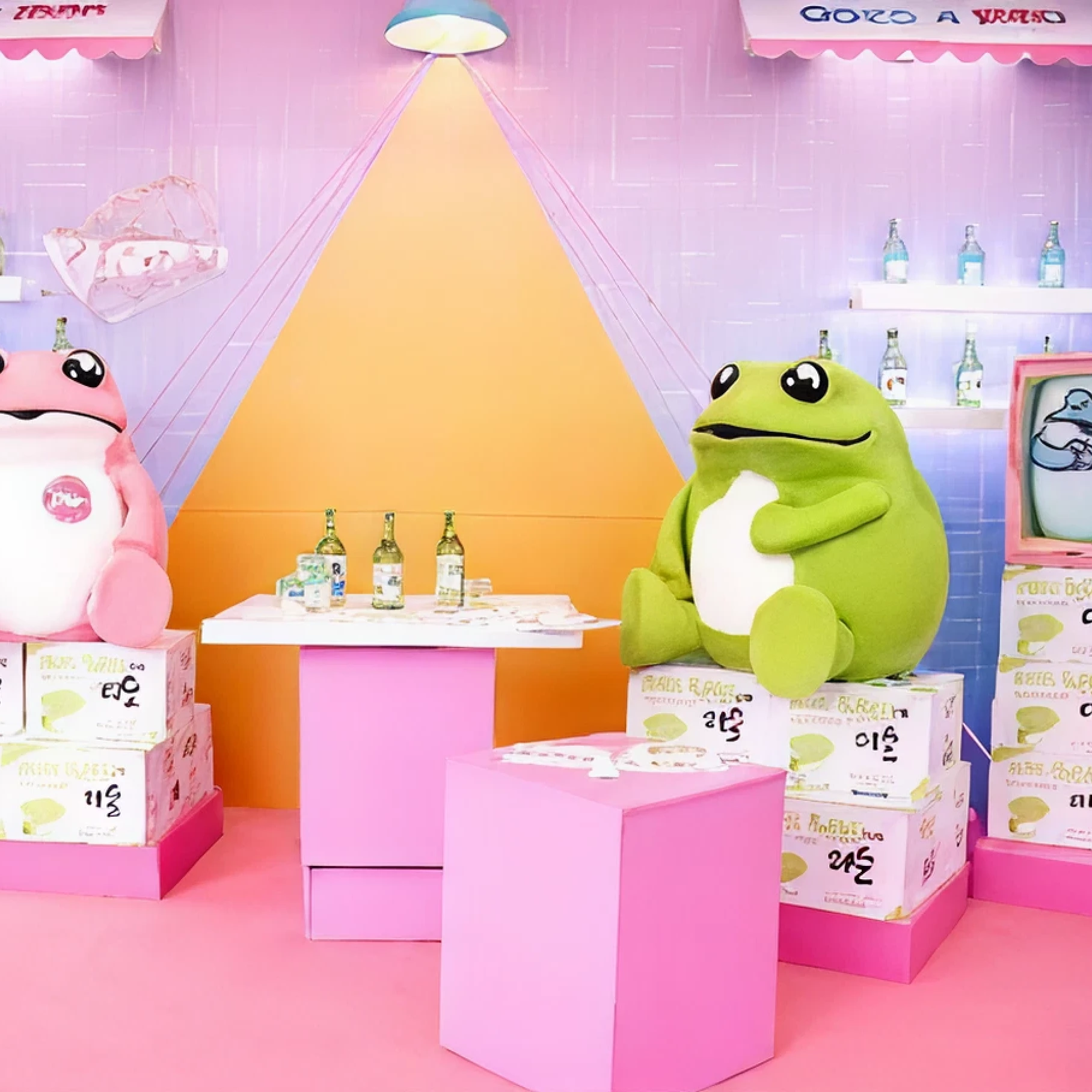 Cute Jinro frog mascots in colorful display setup
