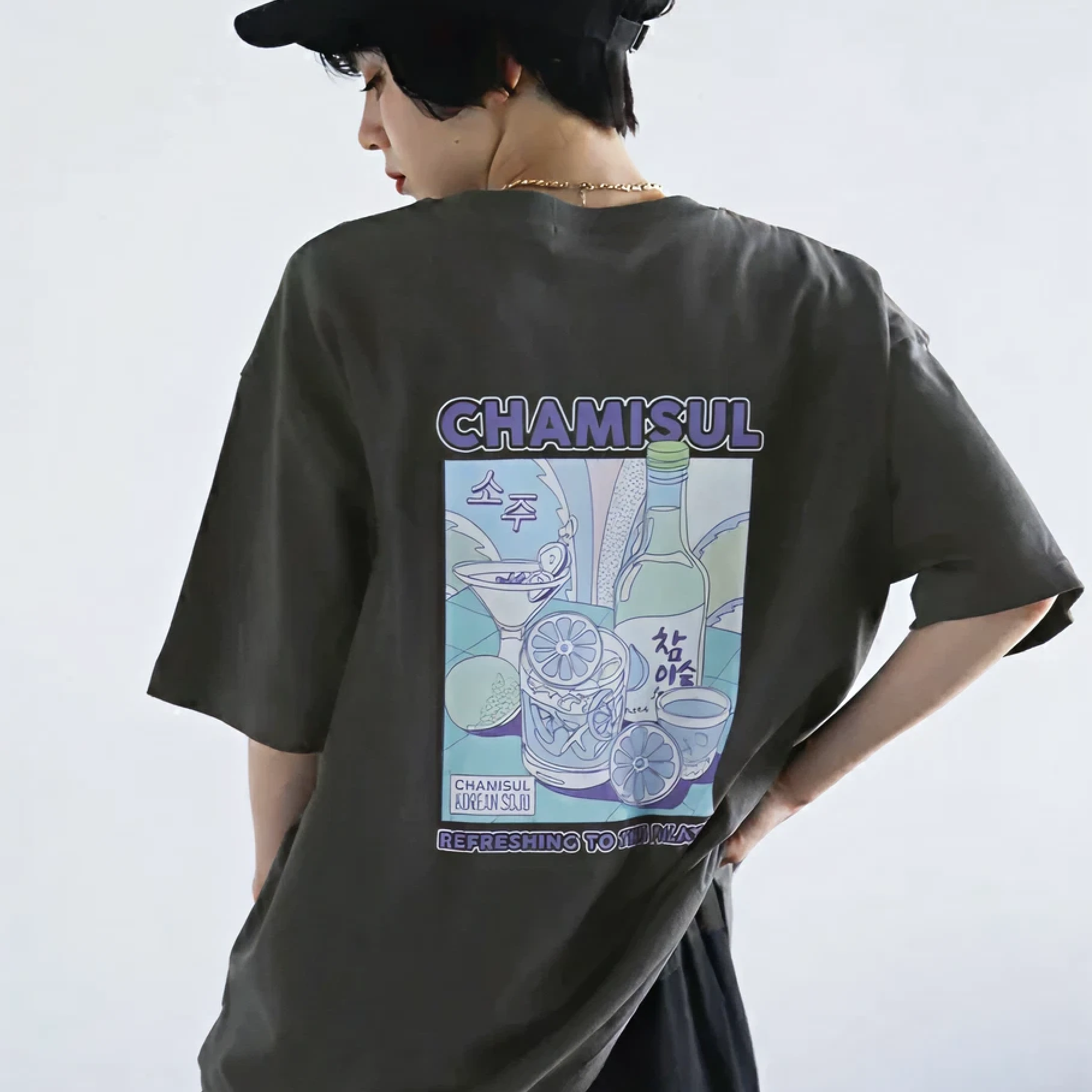 Person wearing Chamisul soju graphic t-shirt