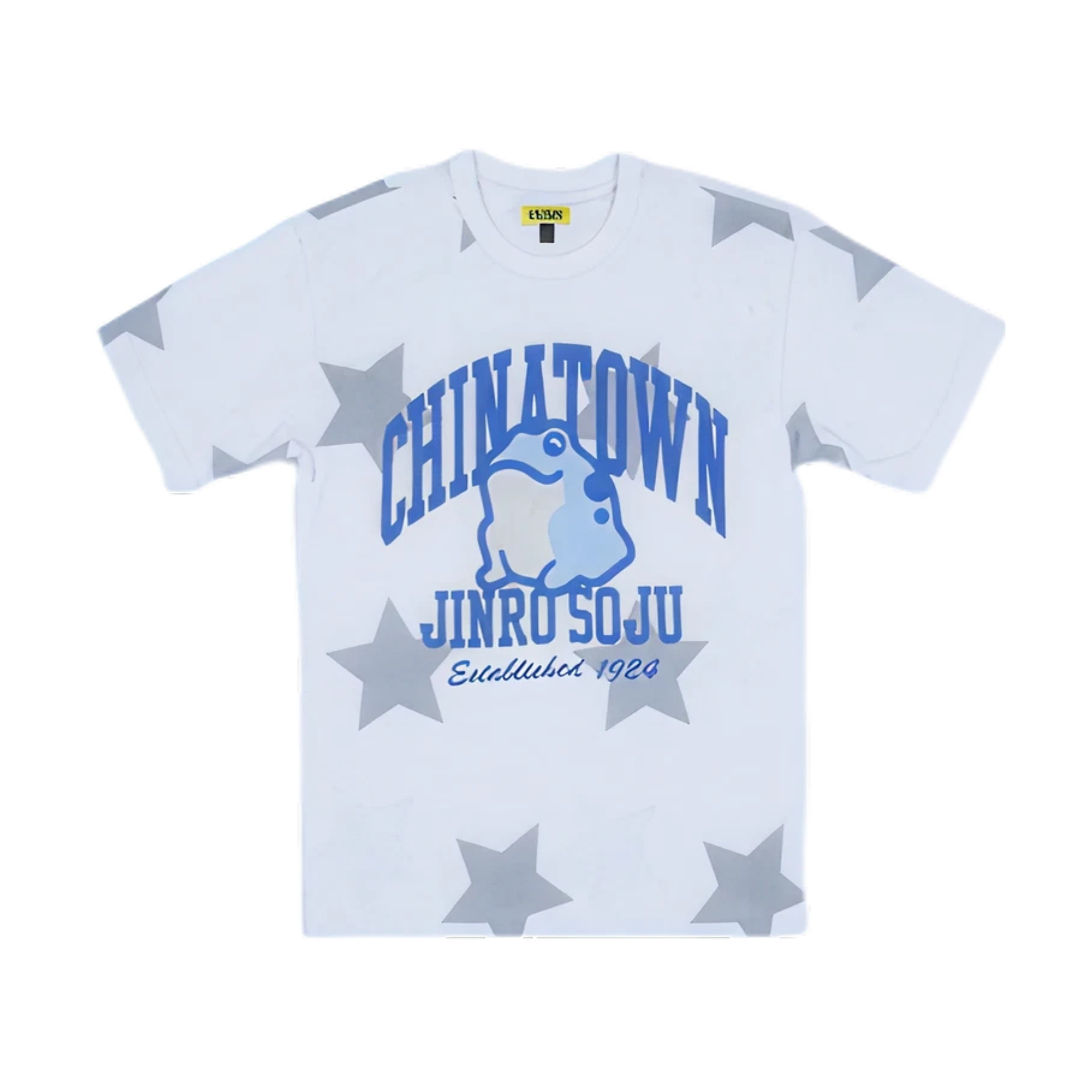 White T-shirt with blue Chinatown Jinro Soju print