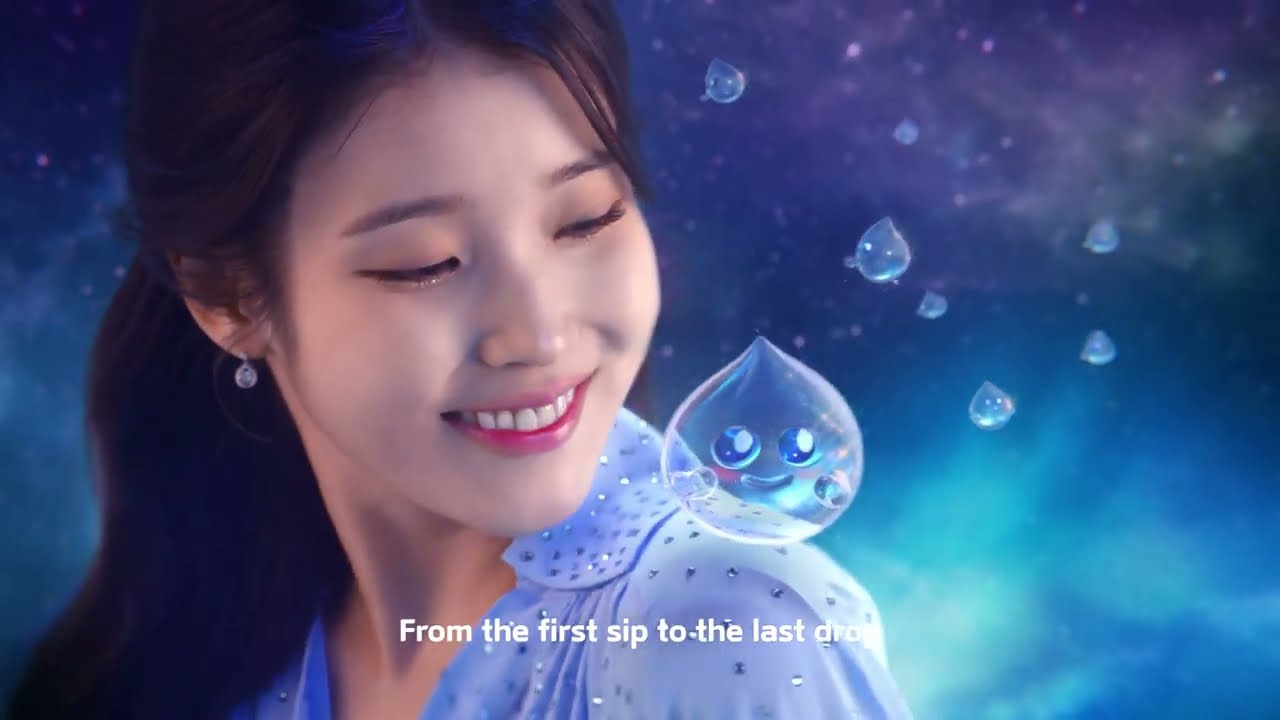 Smiling woman looking at cute animated water droplet
