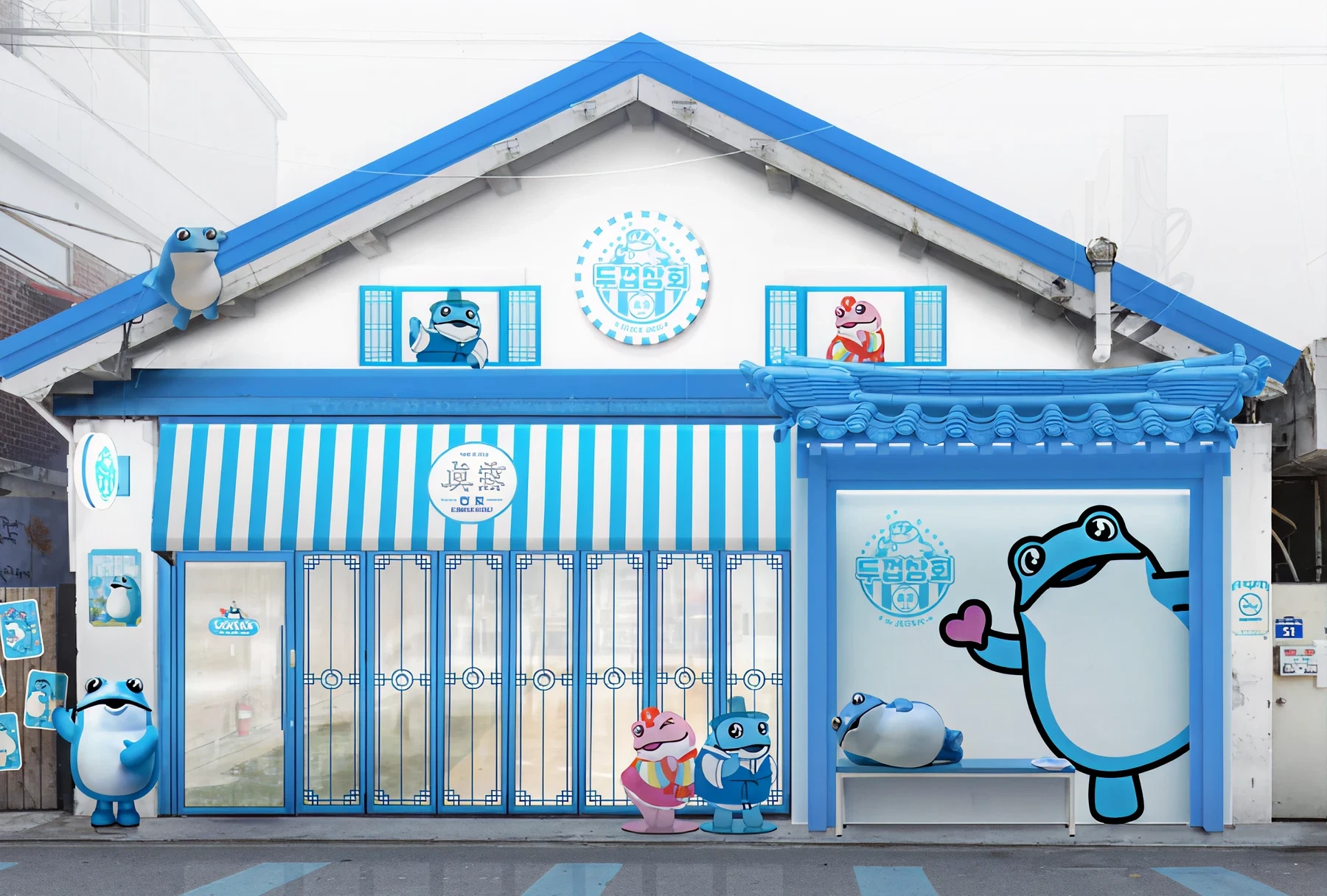Jinro frog characters on blue store