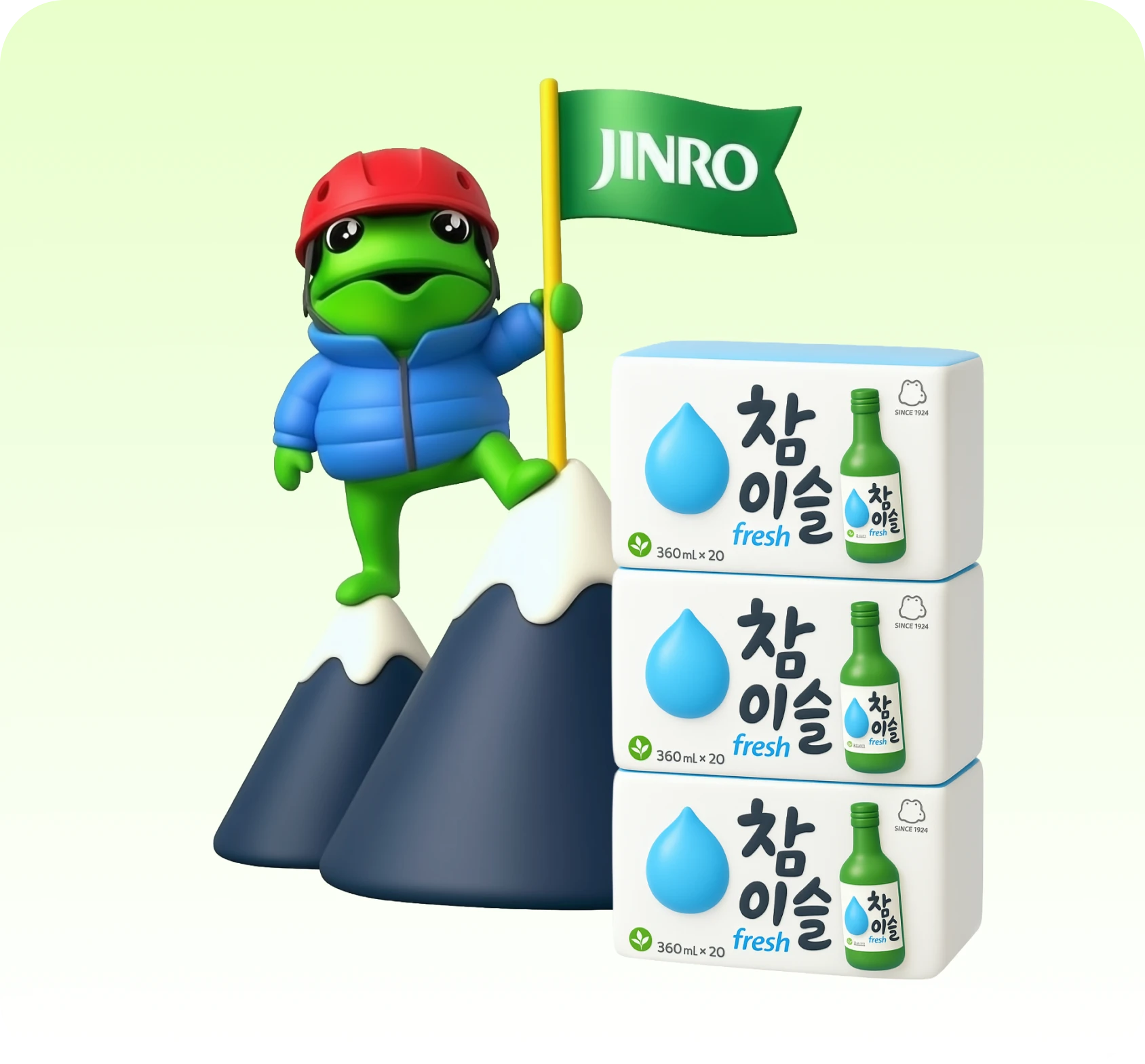 Jinro frog mascot holding a flag